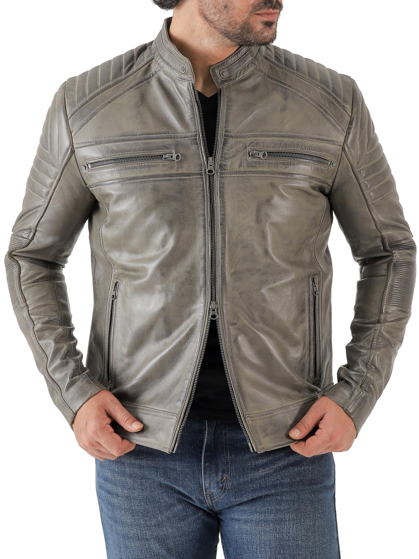 Jild Vintage Cafe Racer Leather Jacket Men - Hand Waxed Real Lambskin Leather Motorcycle Jacket (CRM-Grey-M)