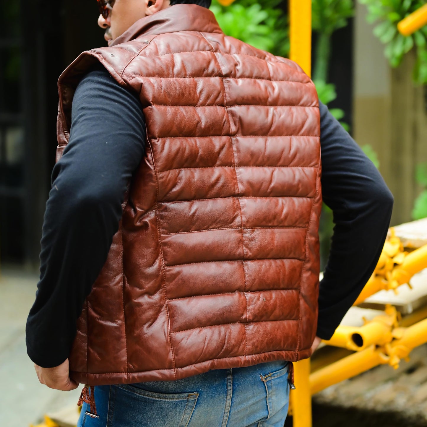 Jild Lambskin Leather Puffer Vest with Removable Hood - Stand Collar Casual Style Sleeveless Leather Jacket Men (Puffer-Tan-XXL)