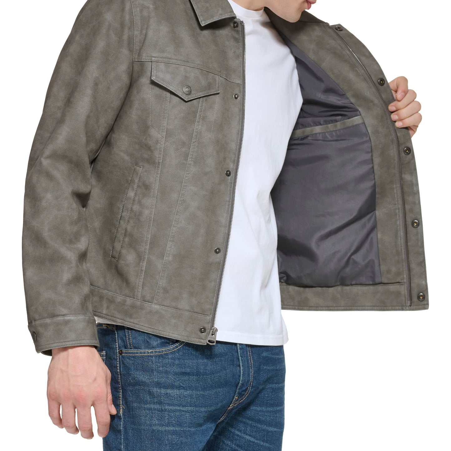 Levi's Men's Faux Leather Classic Trucker Jacket, New Light Grey, Large