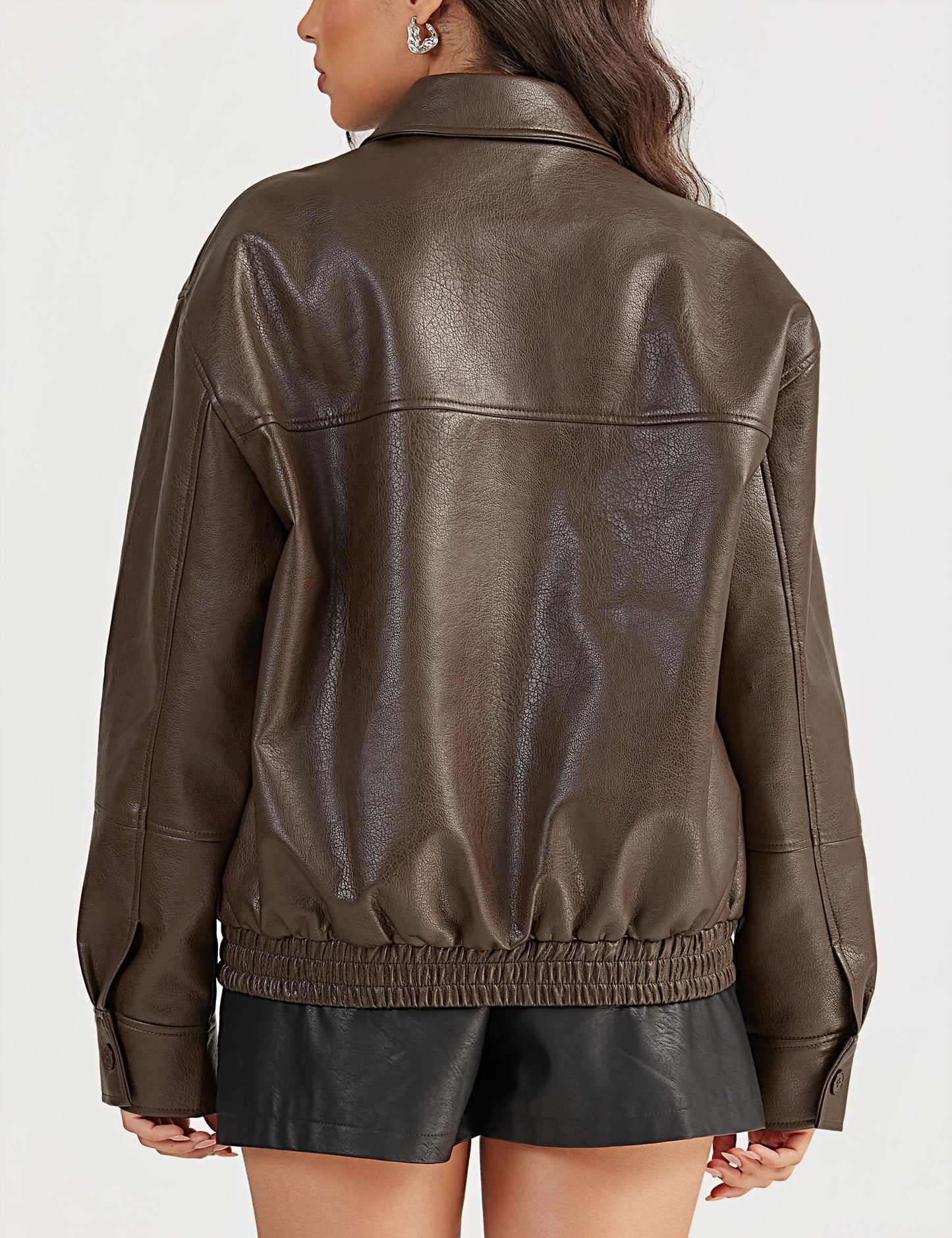FOMELY Faux Leather Jacket Women Oversized Bomber Motorcycle Y2K Moto Biker Racer Fall Coat with Pockets 2026 Trendy Brown Pleather Zip Up Winter Medium Size 8 10