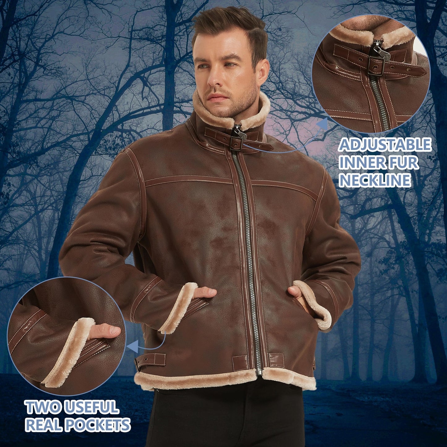 Mifidy Leather Bomber Jacket Men, Fur Shearling Outdoor Classic Brown Aviator Flight Leon Cosplay Coat Motorcycle Jacket Daily Wear Hiking Gift Small