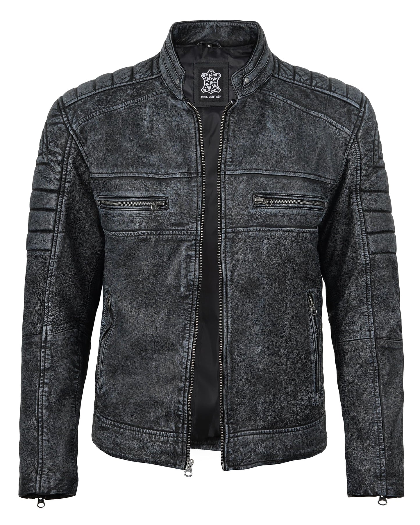fjackets Cafe Racer Leather Jacket Men - Real lambskin leather jacket men Motorcycle Jacket Mens Austin Men's Distressed washed | [1132614] Black, L