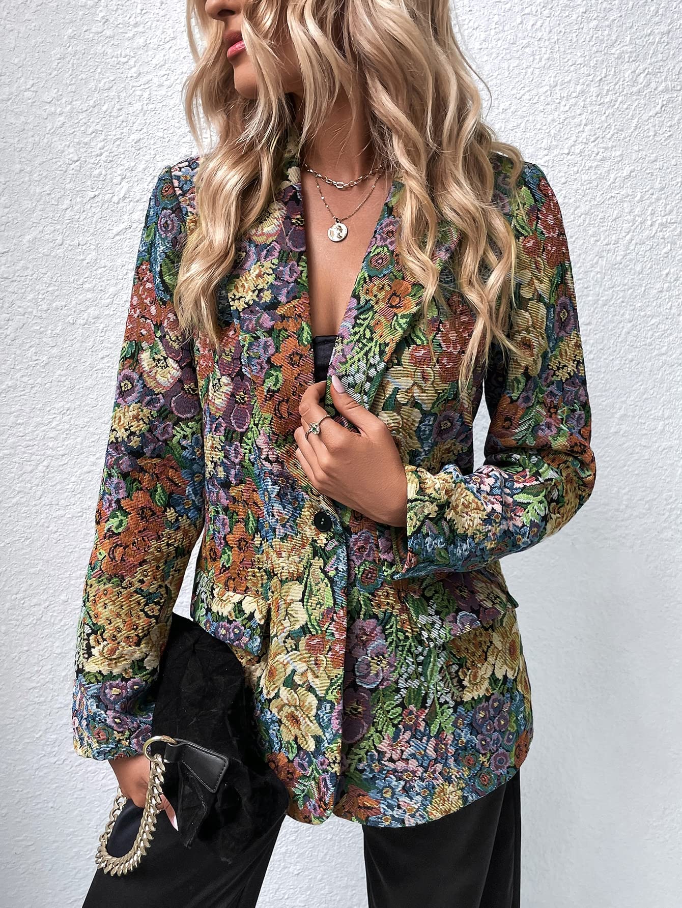 WDIRARA Women's Floral Print Lapel Neck Single Button Lightweight Jacket Blazer with Pocket Multicolor XS