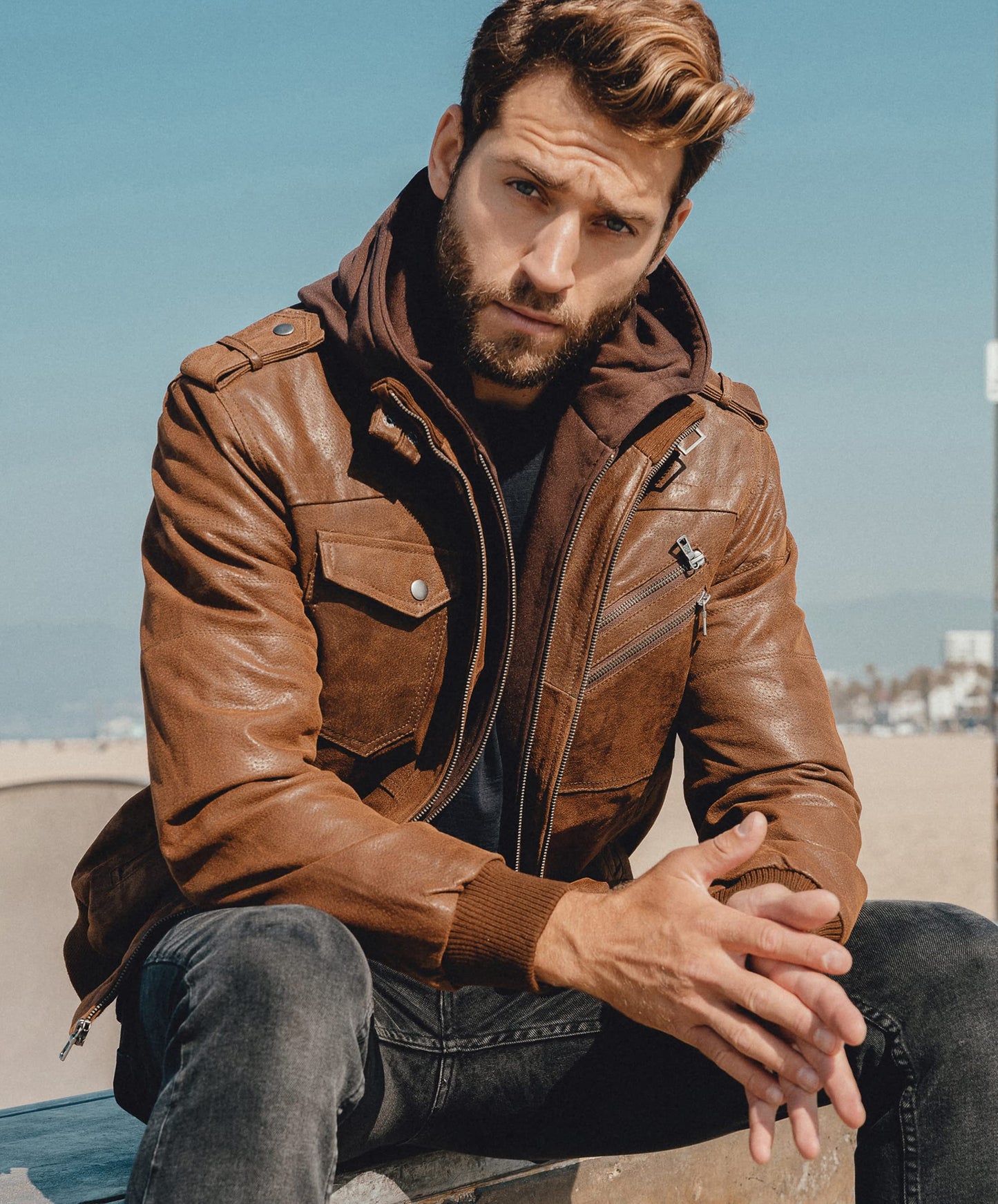 FLAVOR Men Brown Leather Motorcycle Jacket with Removable Hood (Large (US standard), Brown)