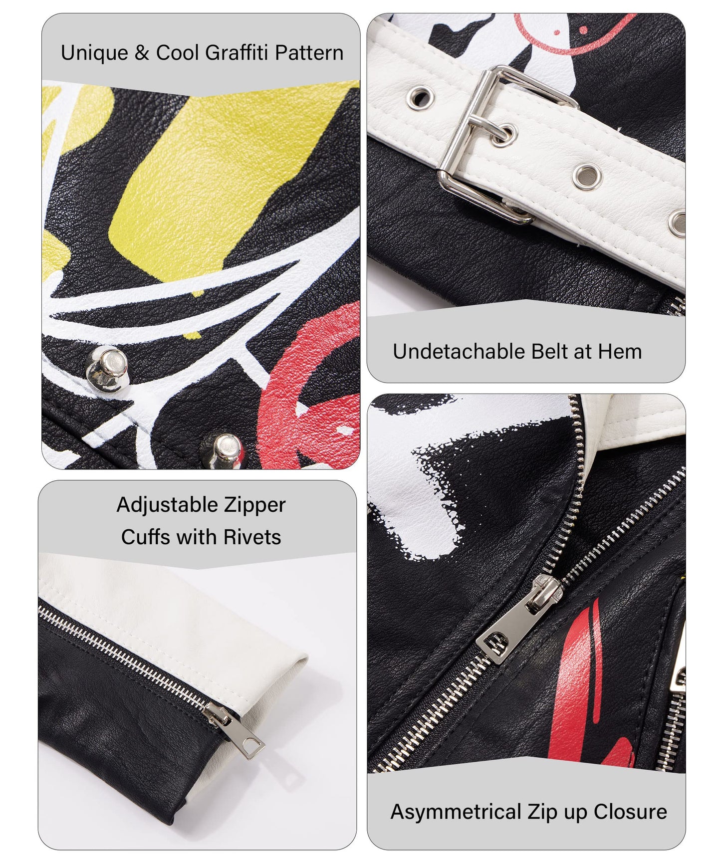 RISISSIDA Studded Leather Jacket Women Moto Motorcycle Faux Leather Short Coat Black-white 0477 S