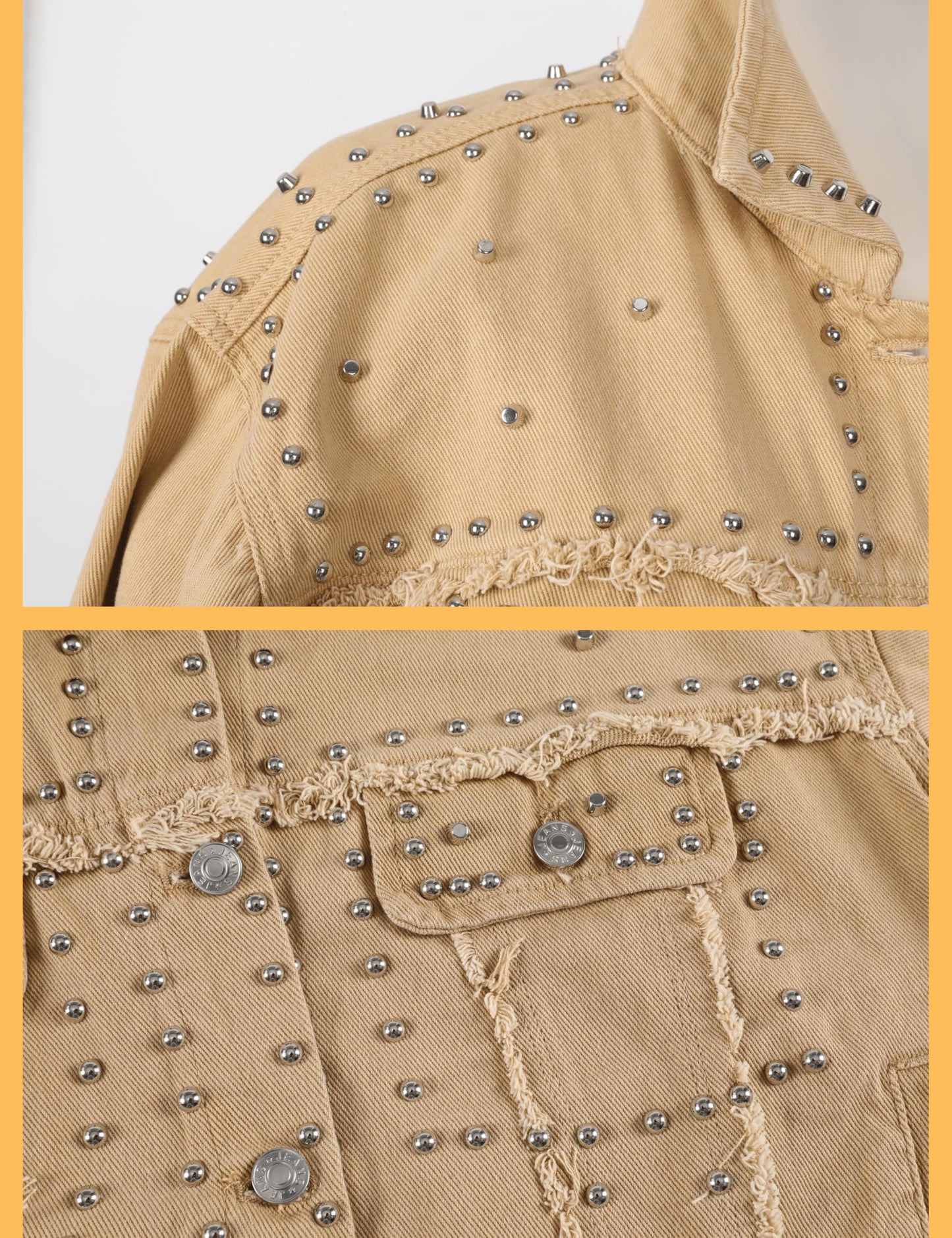 Omoone Women's Long Sleeve Rivet Studded Denim Jacket Casual Washed Short Jean Coat Western Outfits(2140-KhakiX1-M)