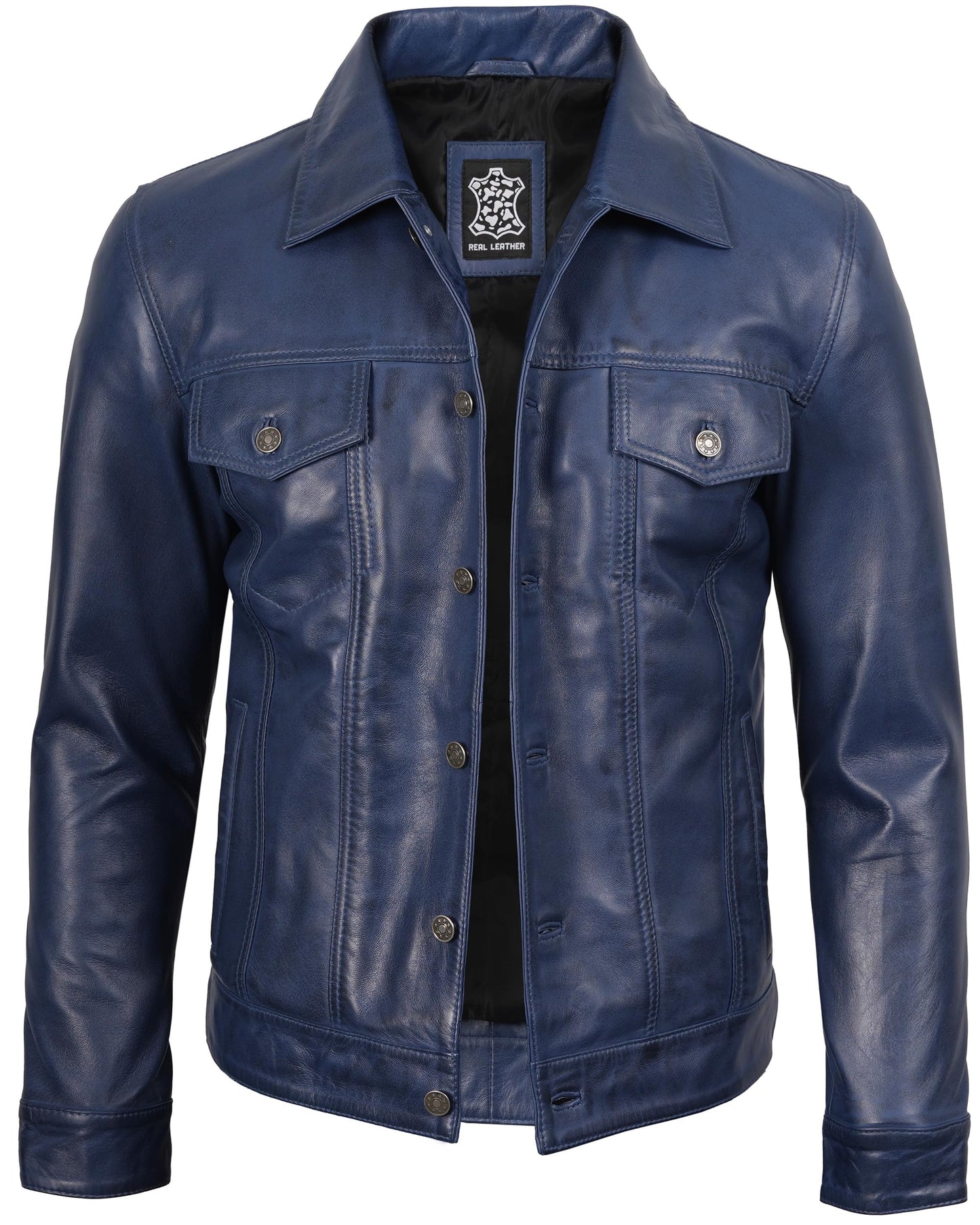 Decrum Men's Leather Jackets Shirt Vintage Collar | [1107333] Blue Frnando, M