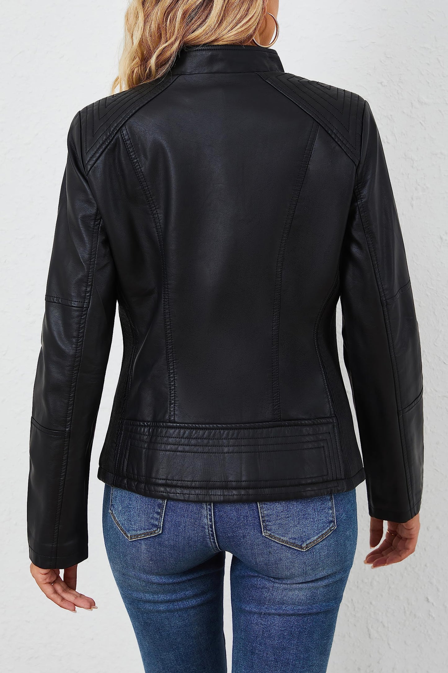 Bellivera Faux Leather Jacket Women Motorcycle Zipper Stand Collar Bomber PU Bike Coat with Pockets PU37 Black M