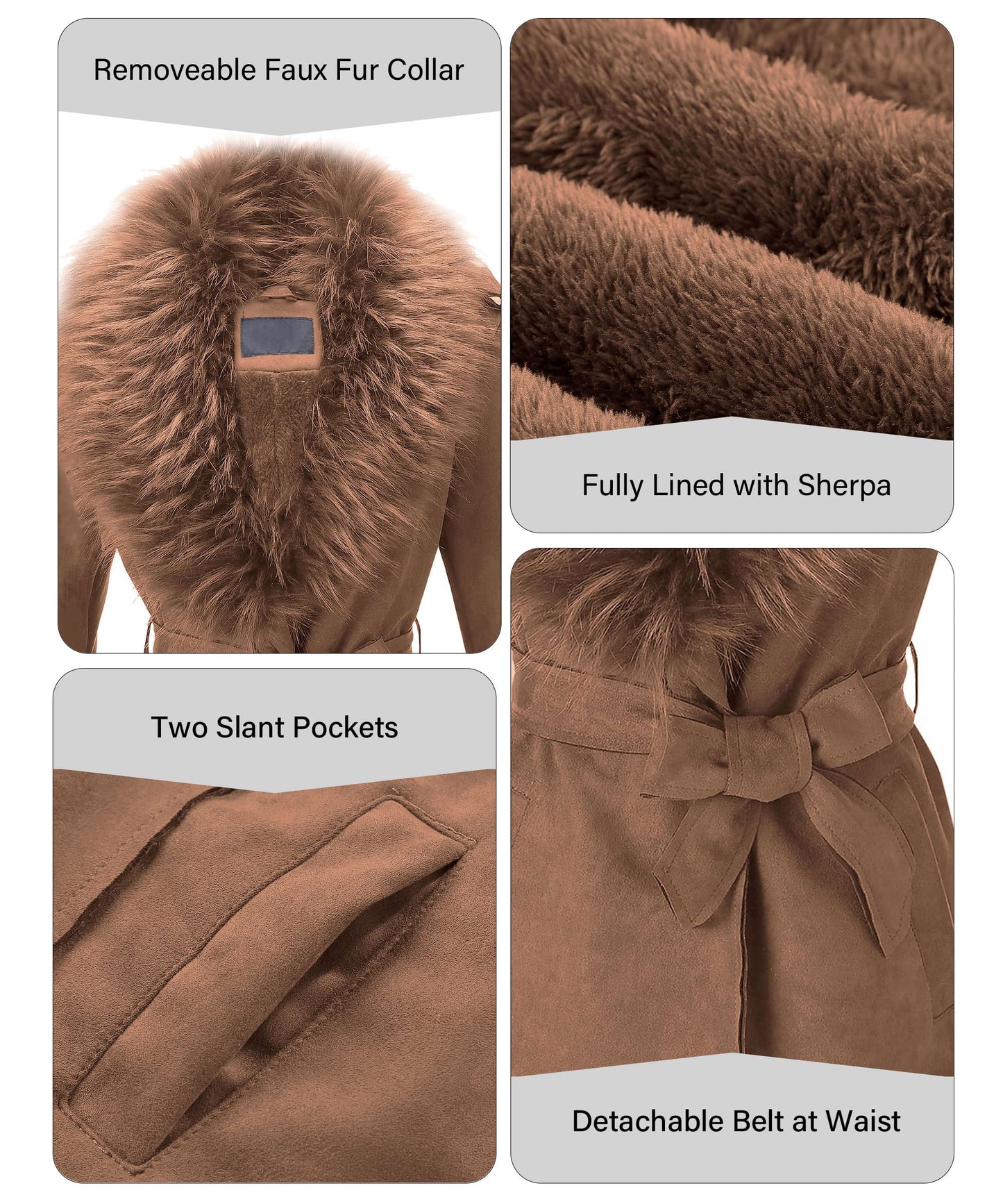 Bellivera Women Faux Suede Leather Jacket Coat with Removable Fur Collar FF20 D.Brown XL