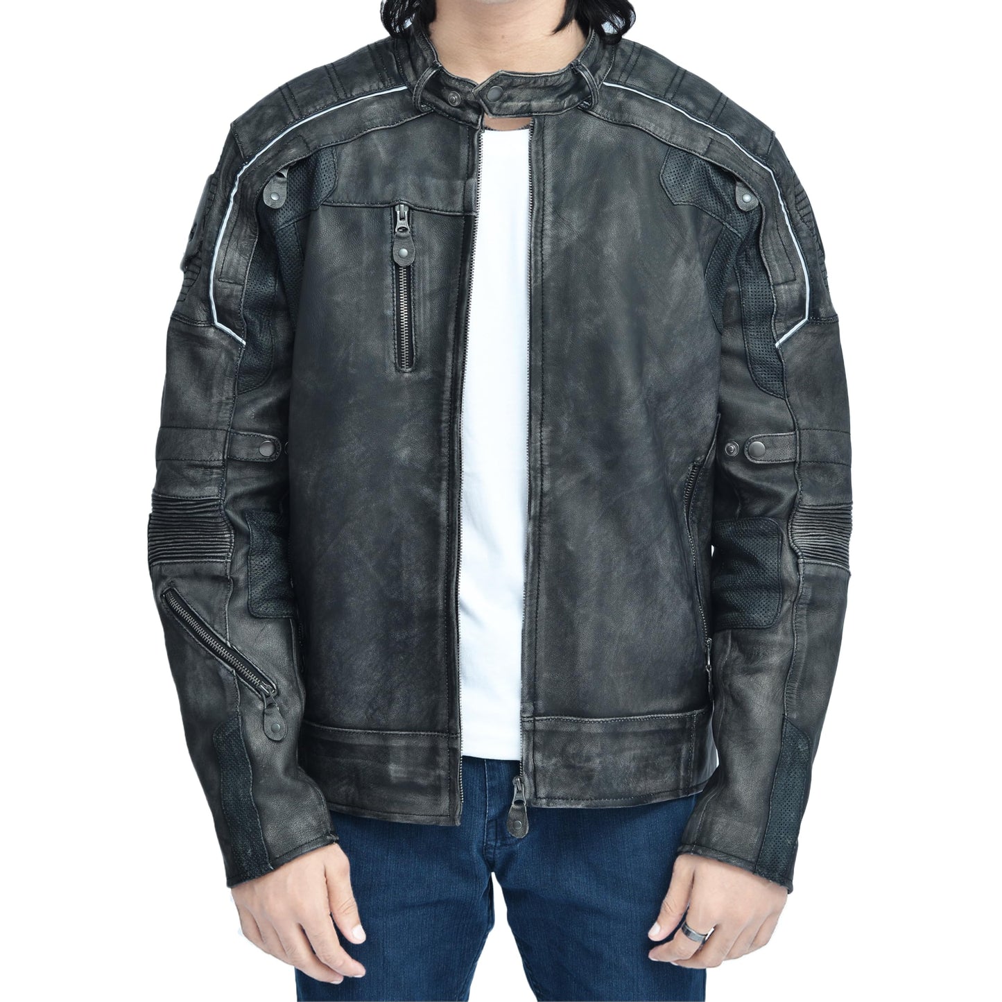 Mulch Leather Co Men's Genuine Leather Skull Motorcycle Jacket Armored Biker Riding Jacket | Air Vents, Reflective Safety Panels, Impact Padding, Distressed Finish (Large, Black Distressed)