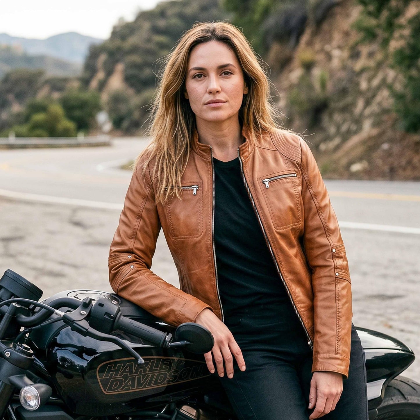 Leatherick USA Ladies Blair Cafe Racer Biker Jacket (Black & Tan) (US, Alpha, X-Large, Regular, Regular, Tan Brown)