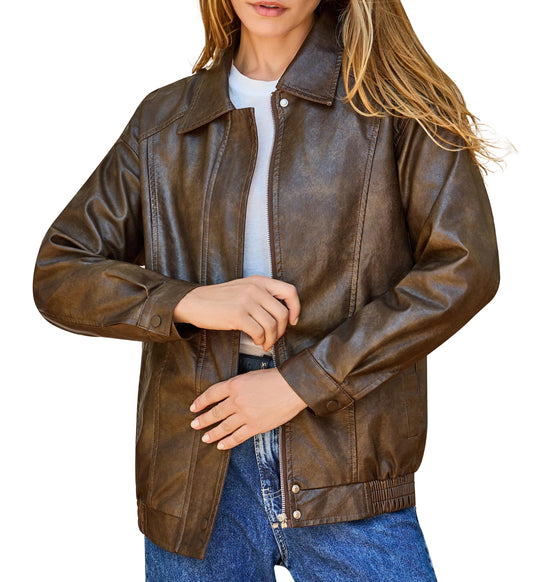 Women's Oversized Faux Leather Bomber Jacket, Zip Up Motorcycle Street Coat