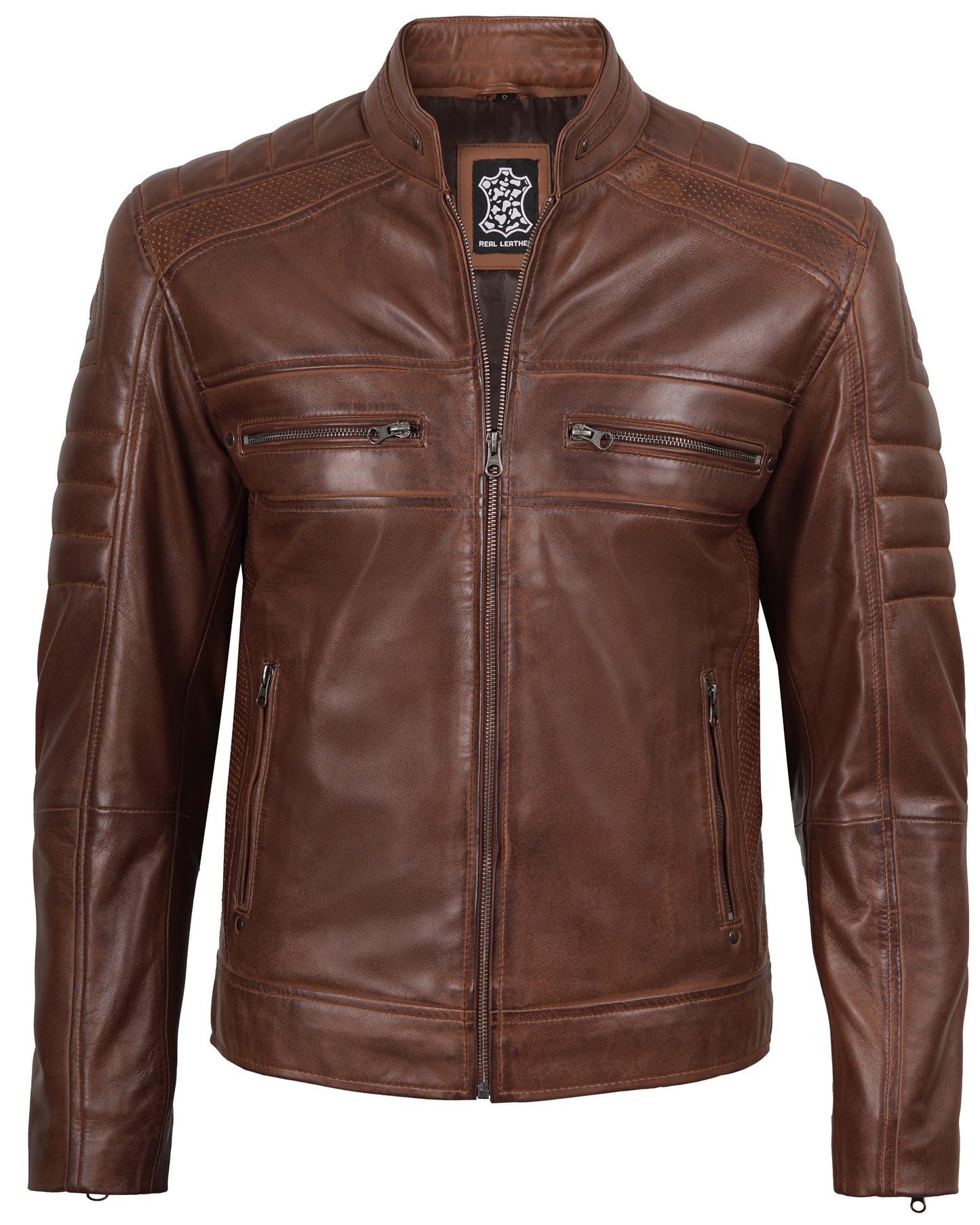 fjackets Men's Cafe Racer Leather Jacket - Austin Brown [1100064] L