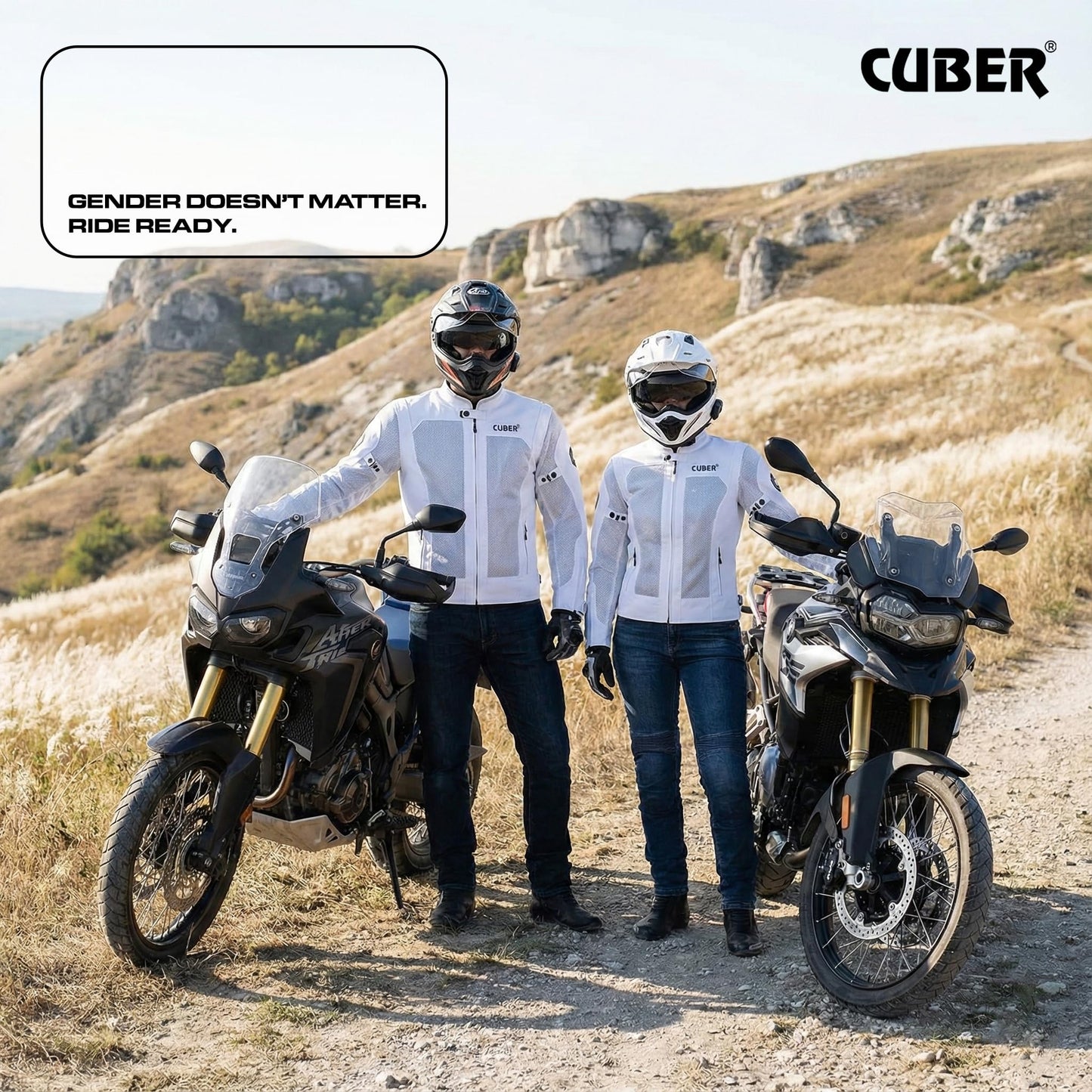 CUBER HI VIS BREATHABLE MESH MOTORCYCLE JACKET RIDING MENS CE ARMOR BIKERS RACING GEAR, DUAL SPORTS PROTECTIVE (WHITE, LARGE)