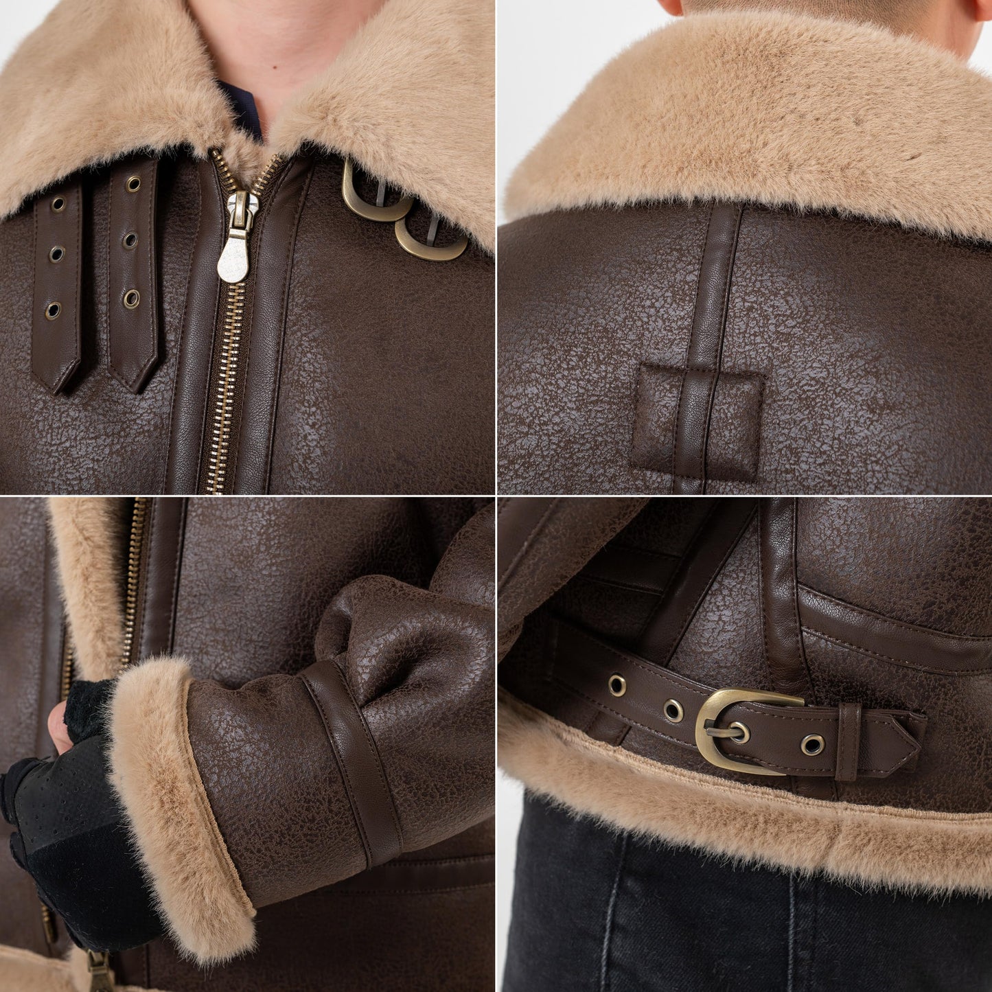 Mifidy Men Flight Jacket, Soft Warm Fur Brown Leather Comfort Shearling Durable Motorcycle Bomber Cosplay Comic Con Costume Leon Kennedy Outdoor Coat Gift Medium