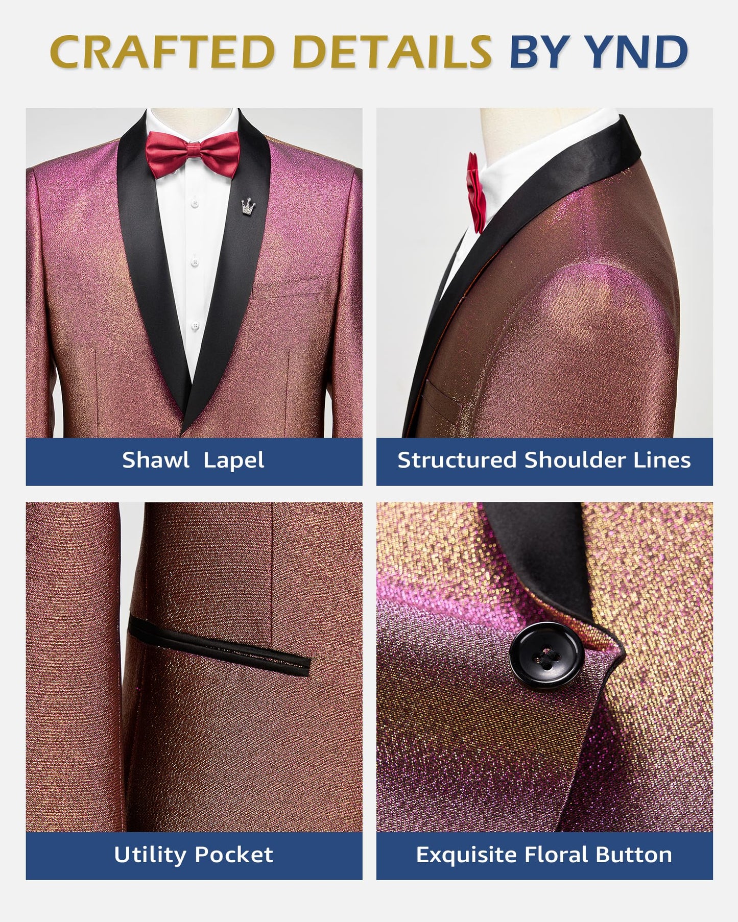 YND Men's Shiny Tuxedo Jacket, Sequin Slim Fit Blazer, One-Button Shawl Lapel Suit for Party, Prom, Wedding, Dinner Gold-Pink