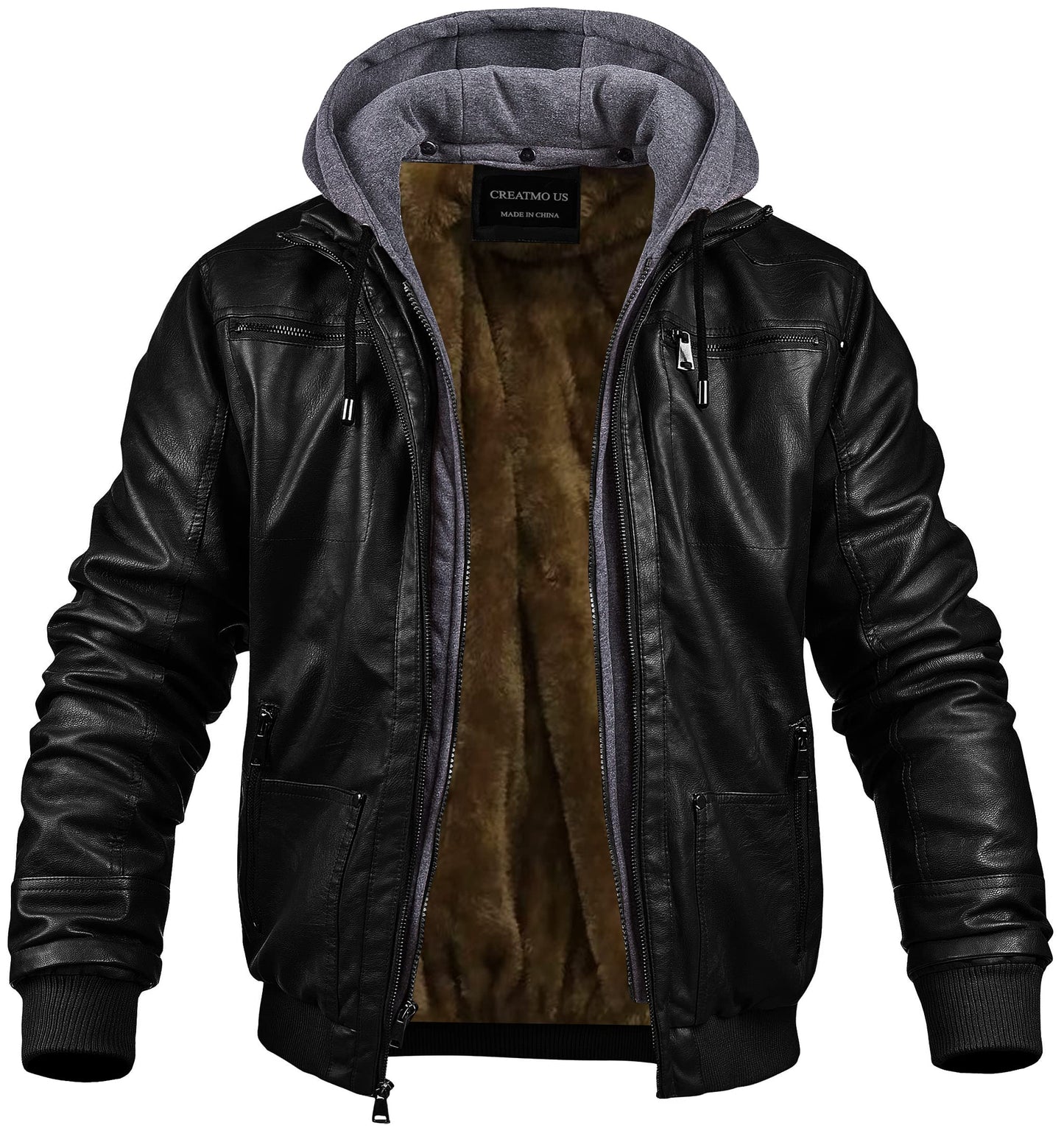 CREATMO US Hoodie Leather Jacket Men Faux Leather Jacket With Removable Hood Retro Zip-UP Stand Collar Motorcycle Bomber Jackets with Removable Hood Black Velvet Lined S