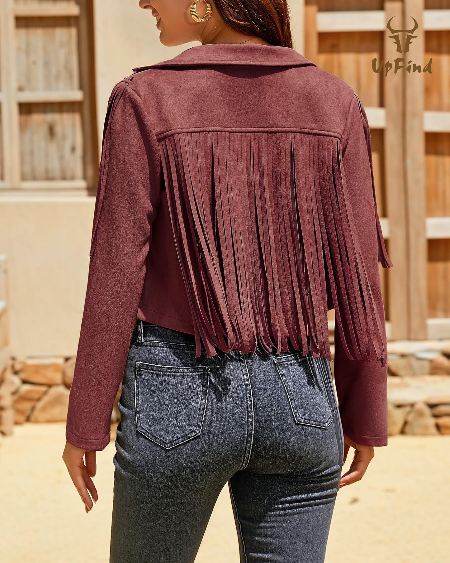 UpFind Women's Fringe Faux Suede Leather Jackets Fashion Fall Western Tassel Motorcycle Cropped Open Front Coats with Rivets, Wine Red/Medium