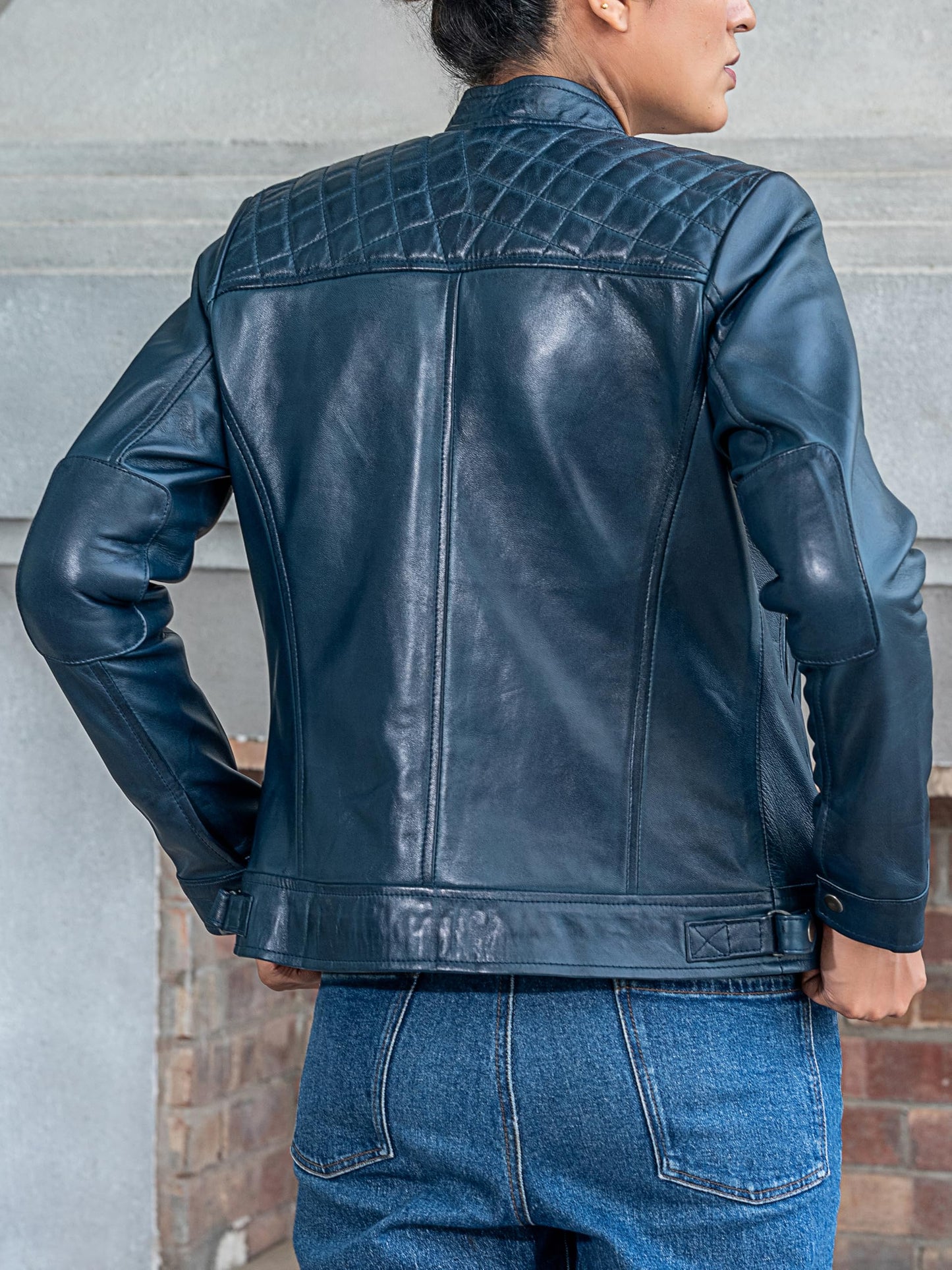 Jild Quilted Design Leather Jacket Women - Cafe Racer Style Real Lambskin Womens Leather Jacket (DW-Blue-L)
