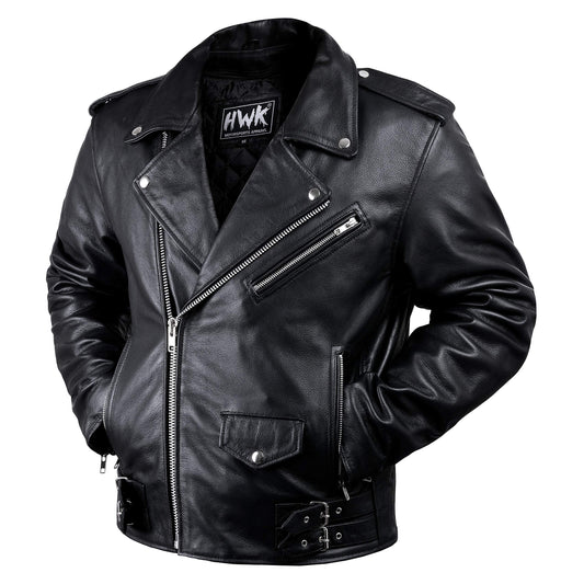 HWK Brando Black Leather Motorcycle Jacket for Men w/CE Armor, Thermal Lining, & Water-Resistant Construction – Comfy Vintage Style for All-Weather Riding, Motorcycle Gear, Large Black Leather Jacket