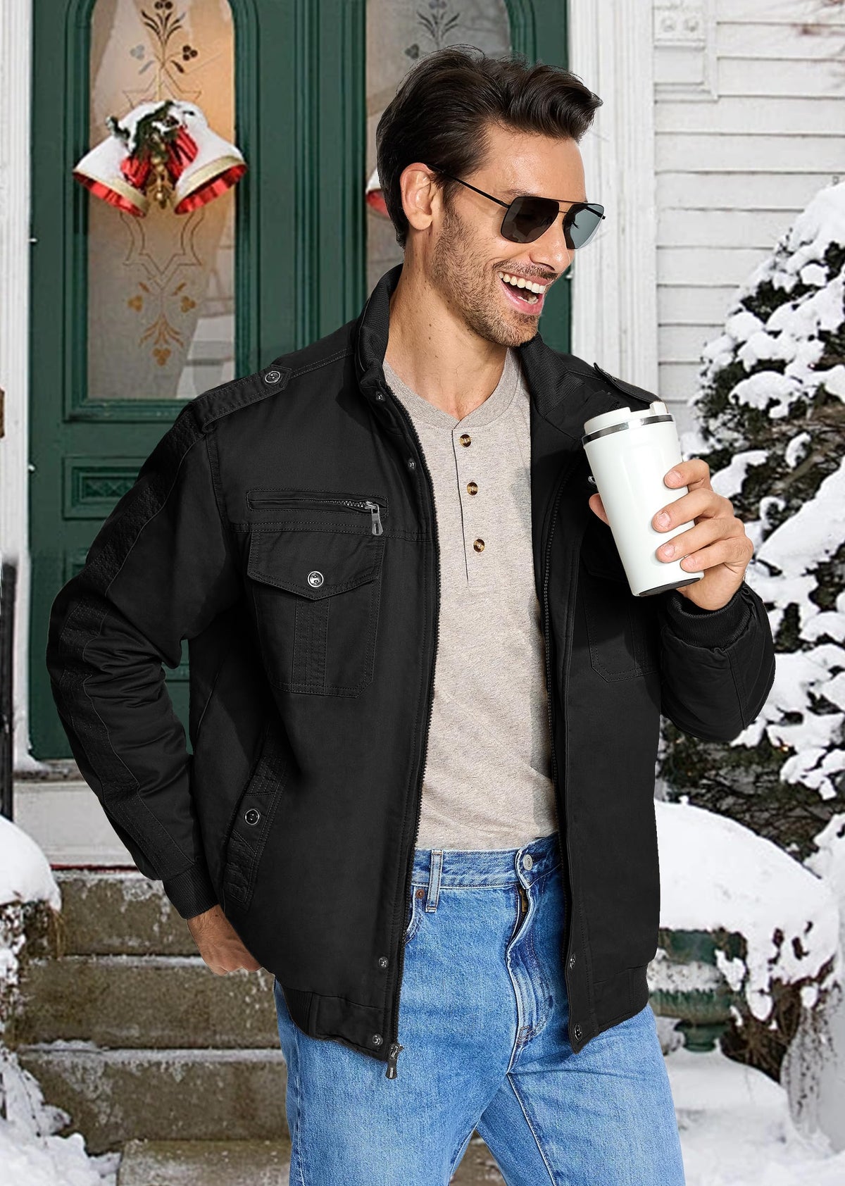 EKLENTSON Mens Winter Jacket with Multi Pockets Fleece Lined Military Coat