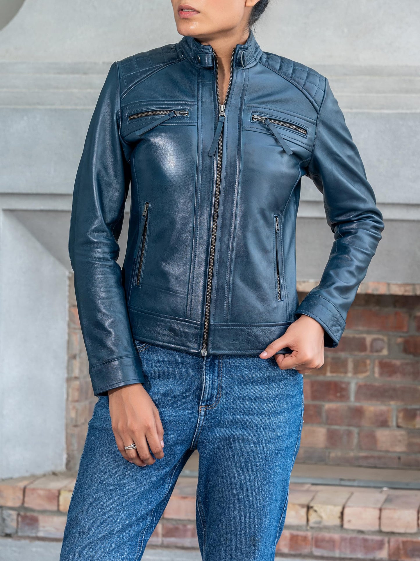 Jild Quilted Design Leather Jacket Women - Cafe Racer Style Real Lambskin Womens Leather Jacket (DW-Blue-L)