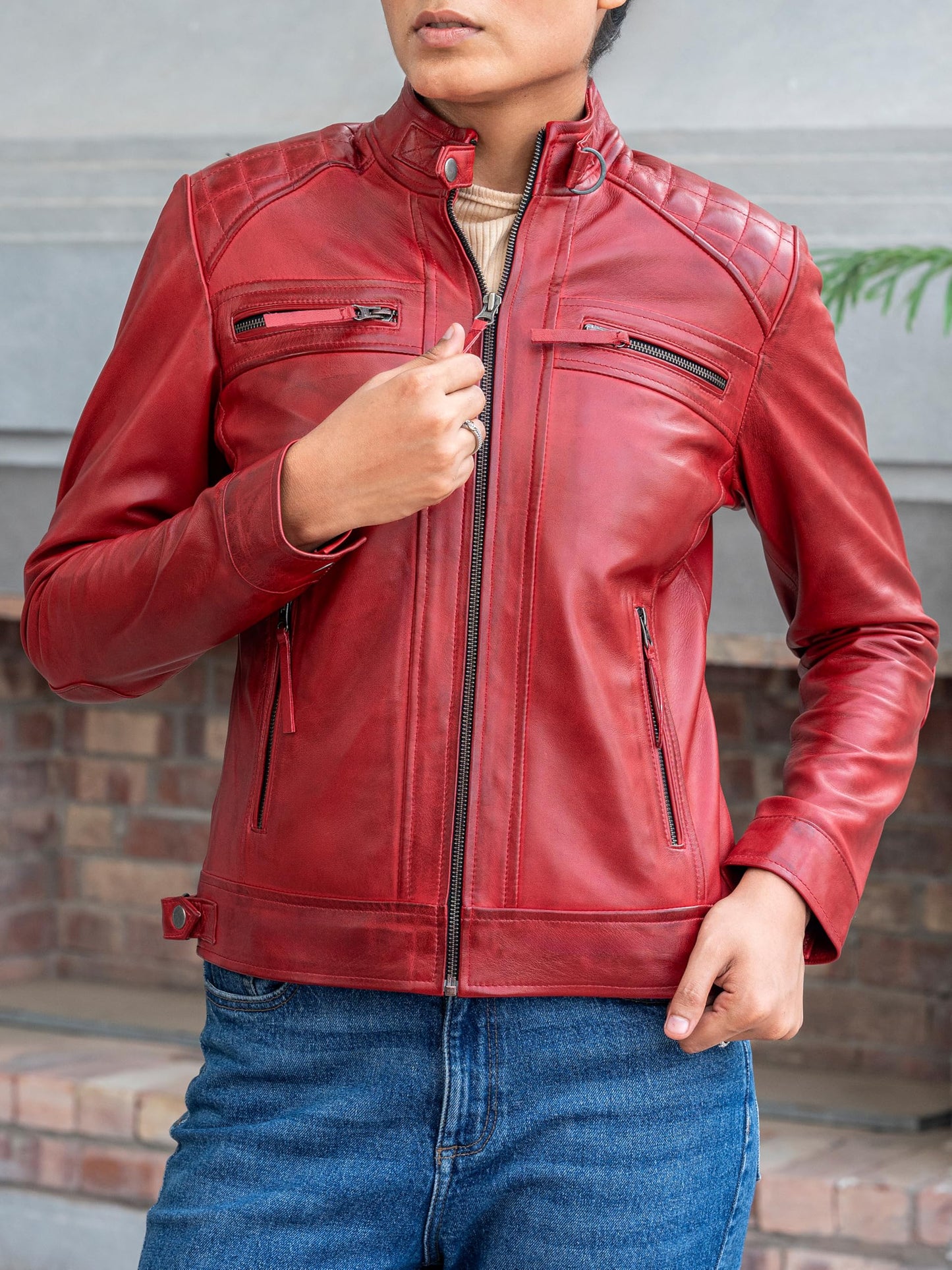 Jild Quilted Design Leather Jacket Women - Cafe Racer Style Real Lambskin Womens Leather Jacket (DW-Red-XL)