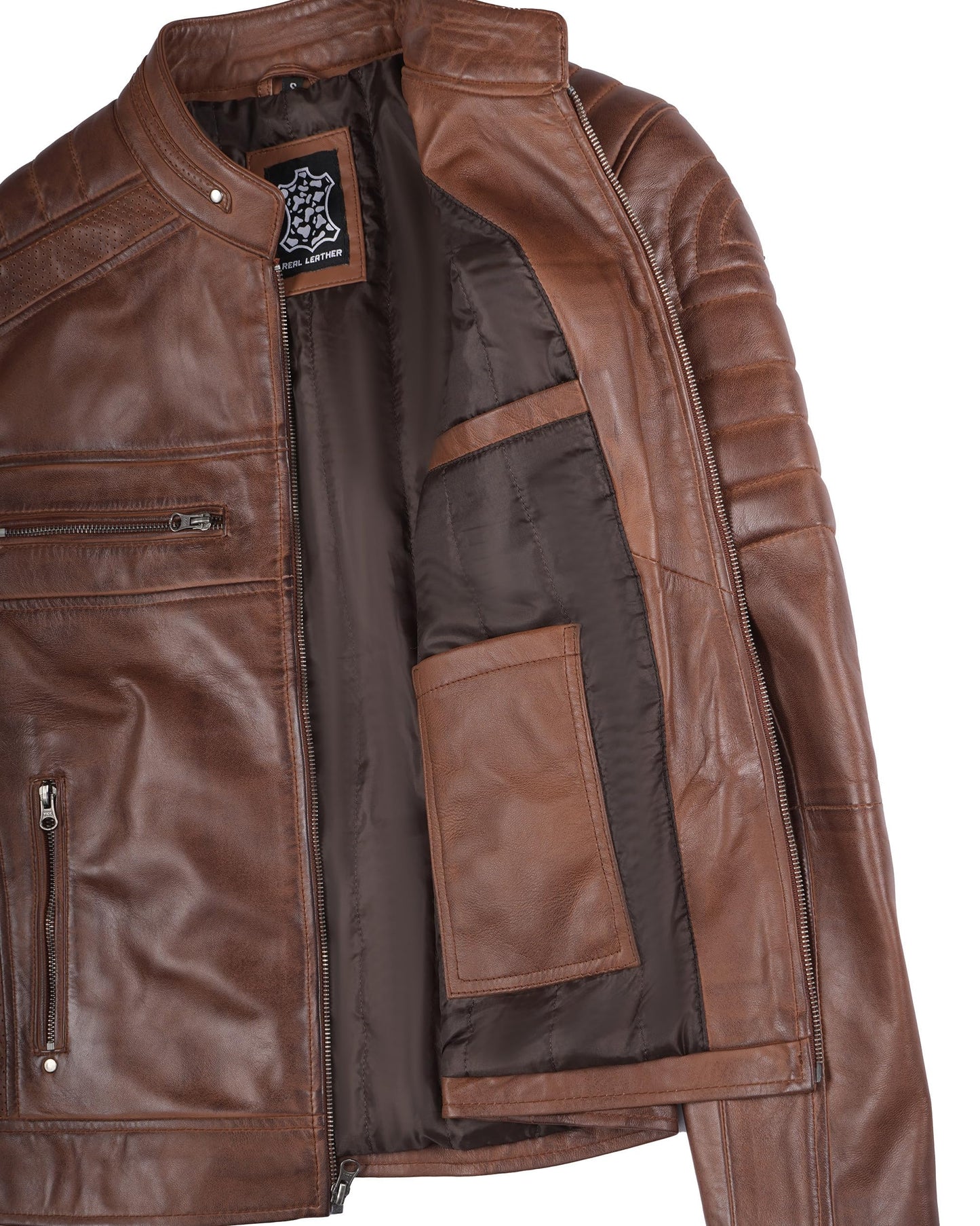 fjackets Men's Cafe Racer Leather Jacket - Austin Brown [1100064] L