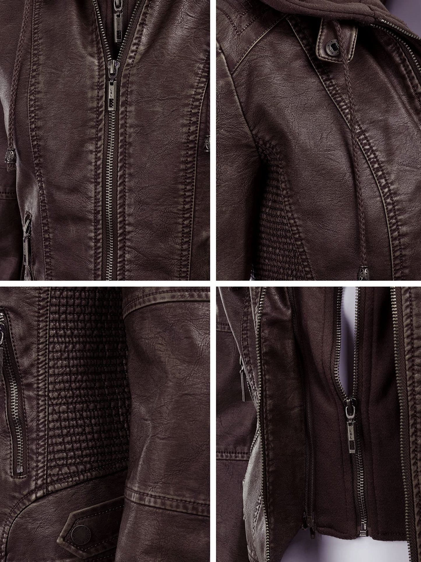 Made By Johnny MBJ WJC1044 Womens Faux Leather Quilted Motorcycle Jacket with Hoodie XL COFFEE