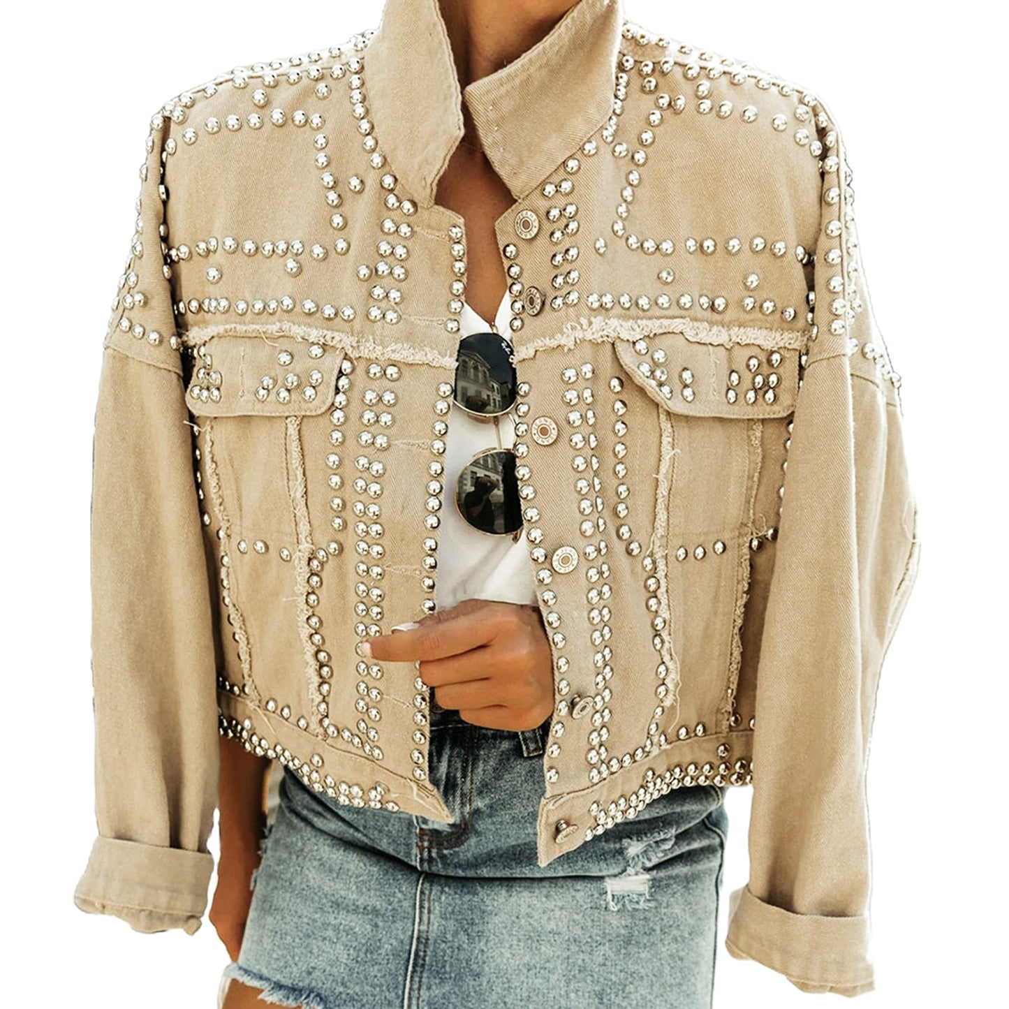 APAFES Women's Fashion Crop Fringe Denim Jacket Distressed Western Studded Black Trucker Jacket(0270-Khaki-S-NG)