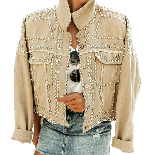 APAFES Women's Fashion Crop Fringe Denim Jacket Distressed Western Studded Black Trucker Jacket(0270-Khaki-S-NG)