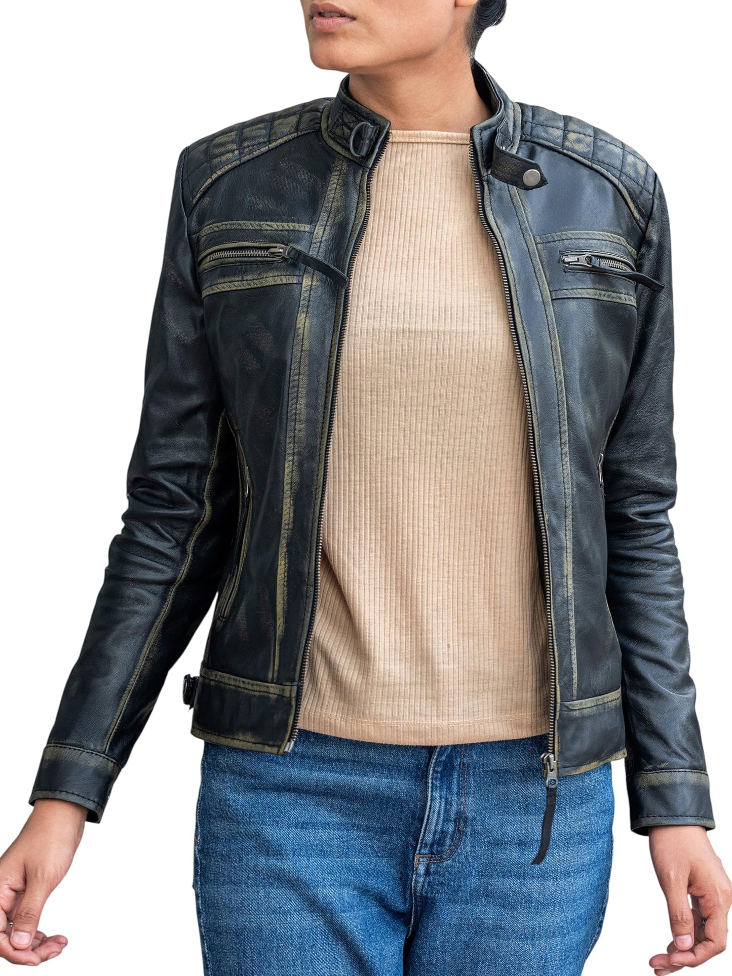 Jild Quilted Design Leather Jacket Women - Cafe Racer Style Real Lambskin Womens Leather Jacket (DW-Distressed-M)