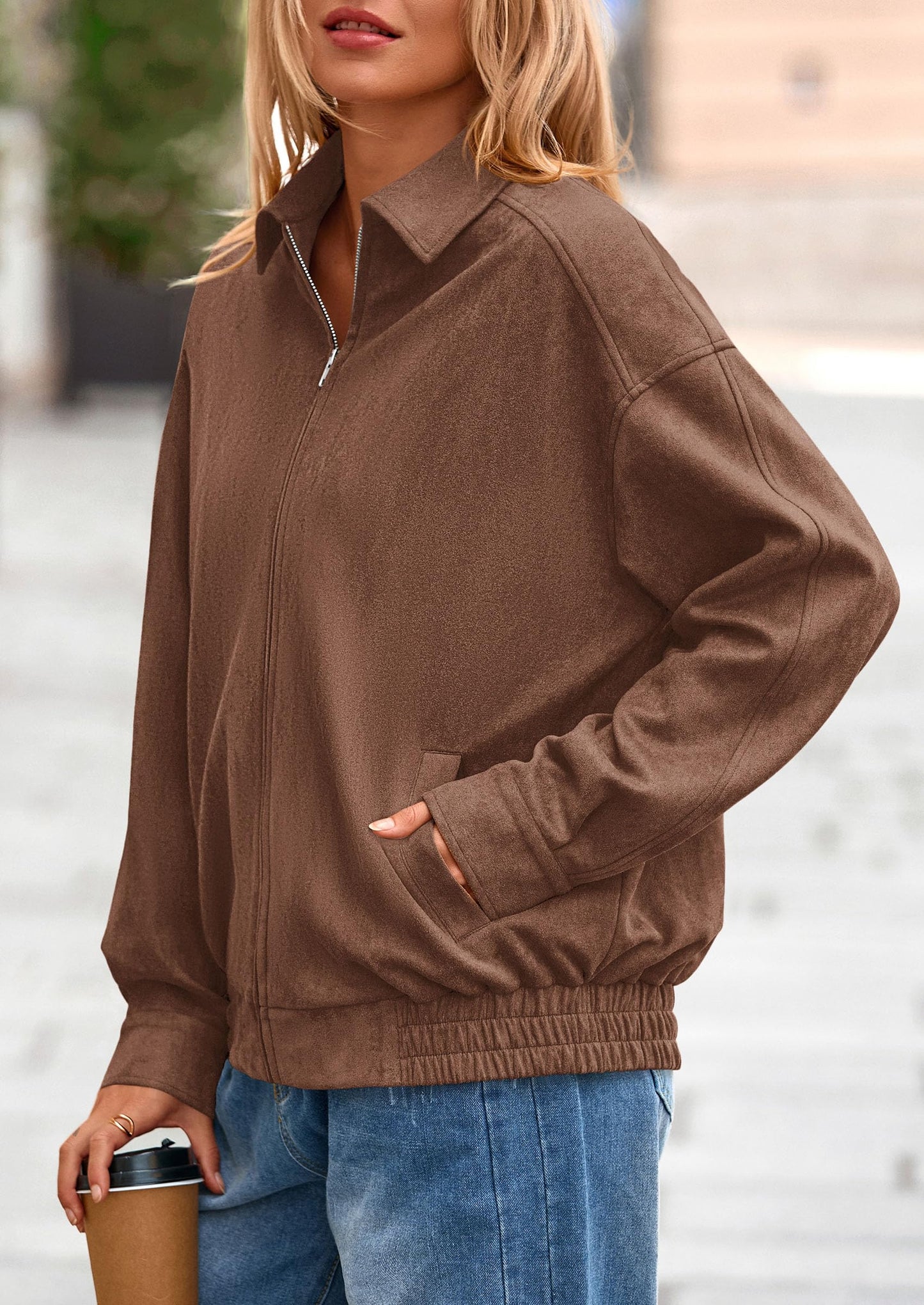 PRETTYGARDEN Faux Suede Bomber Jacket Women Fall Fashion 2026 Casual Zip Up Oversized Trendy Winter Clothing Outerwear Coats (Brown,Small)