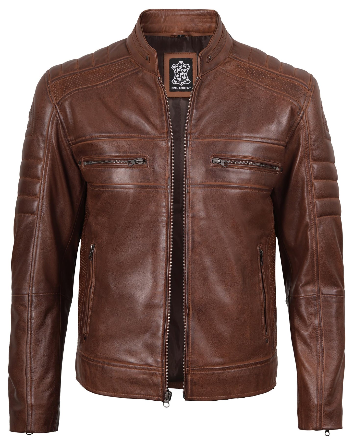 fjackets Men's Cafe Racer Leather Jacket - Austin Brown [1100064] L