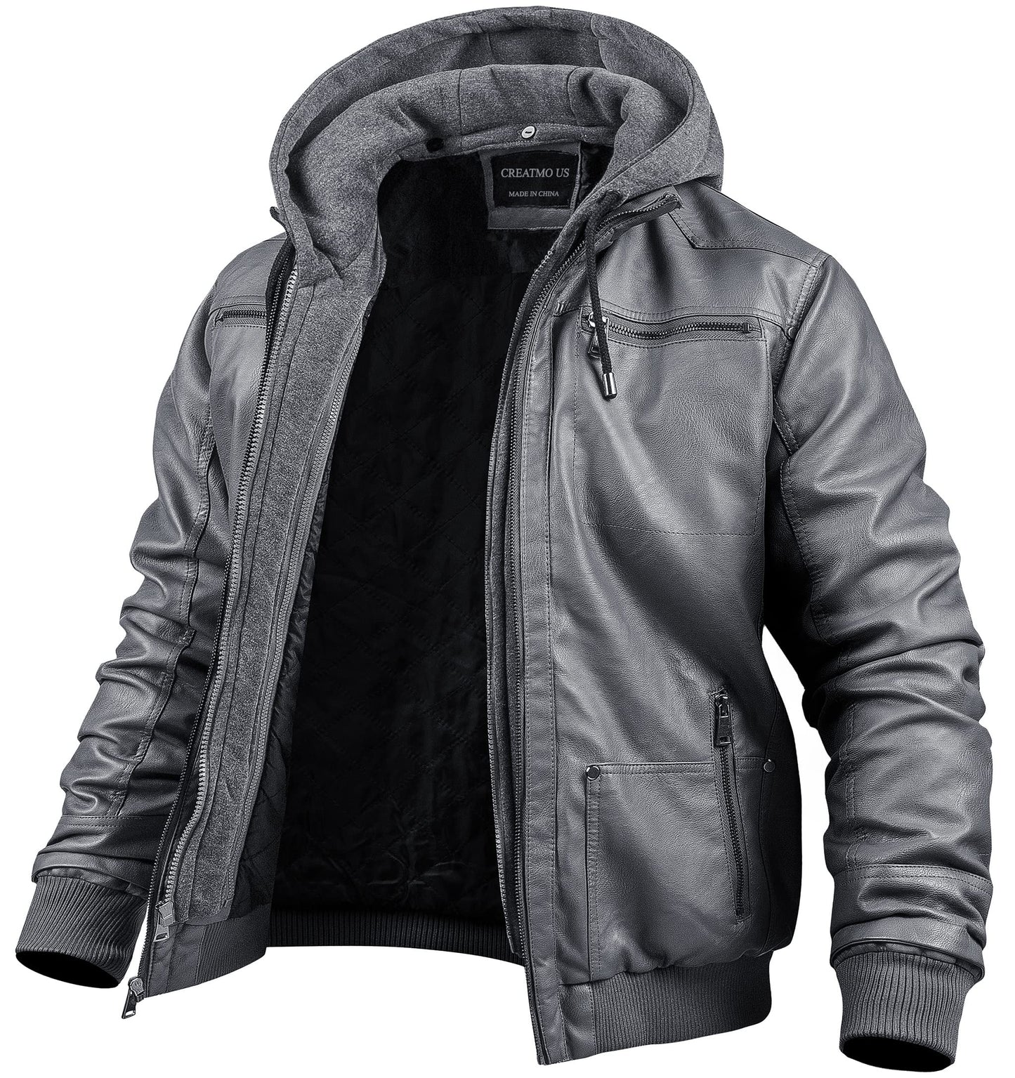 CREATMO US Mens Leather Jacket Faux Leather Motorcycle Jacket with Removable Hood Grey S