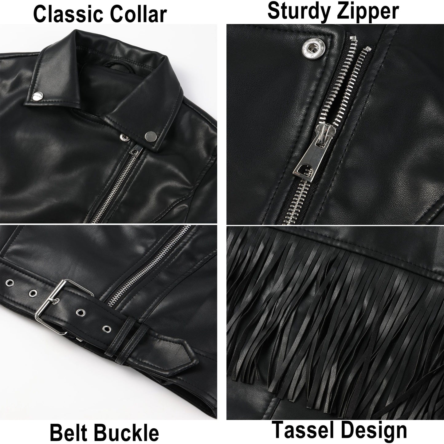 XULIKU Women Faux Leather Jacket, Fall Spring Lapel Short Cropped Vegan Zipper Up Fringe Tassel Trim Pleather Coat with Belt,Pocketless,Black,XL