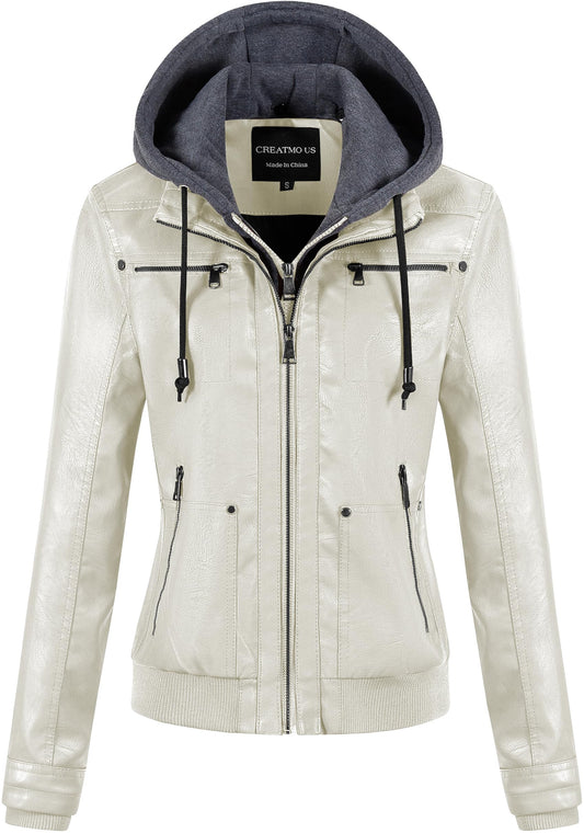 CREATMO US Jackets for Womens Faux Leather Motorcycle Fall Jacket Women's Fashion Clothes Lightweight Moto Biker Coat White 4XL