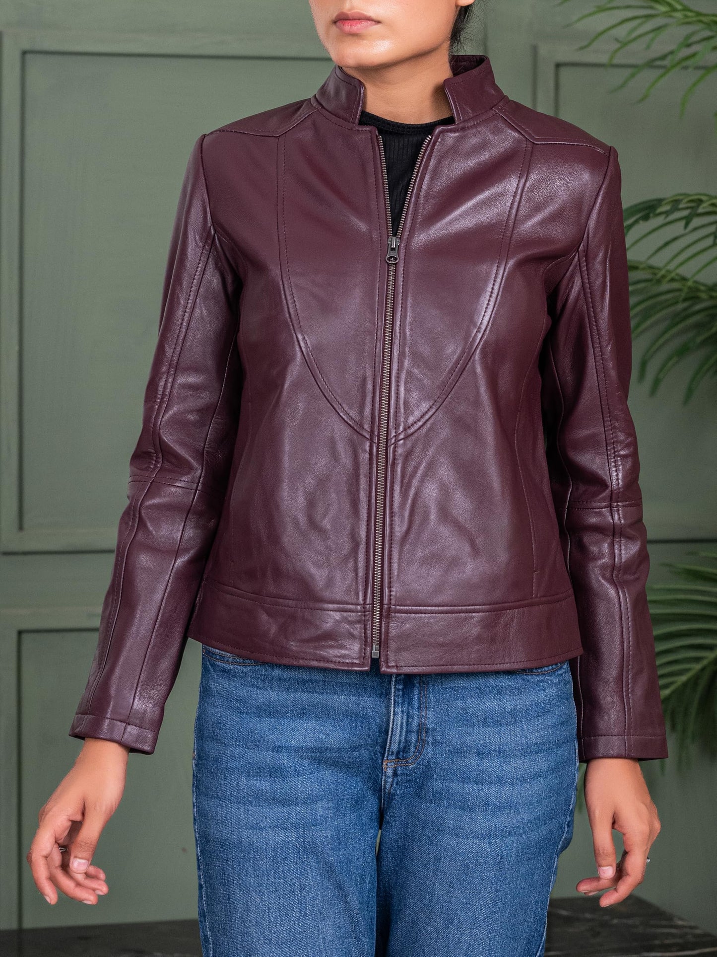 Jild Stylish Collar Casual Womens Leather Jacket - Biker Style Premium Lambskin Leather Jacket Women (Amy-Burg-L)