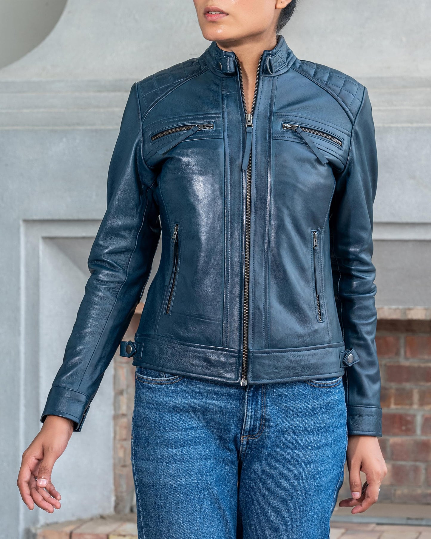 Jild Quilted Design Leather Jacket Women - Cafe Racer Style Real Lambskin Womens Leather Jacket (DW-Blue-L)