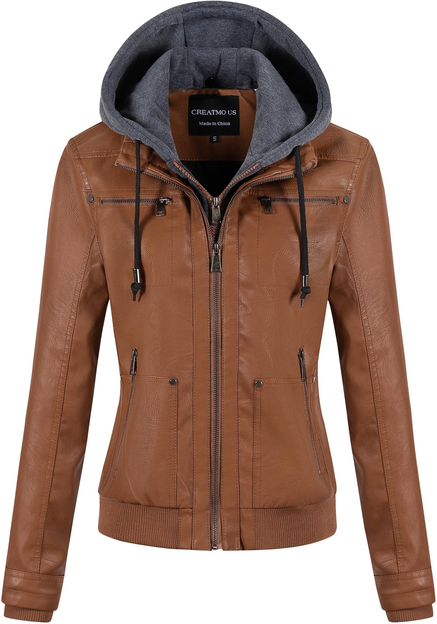 CREATMO US Faux Leather Jacket Women Womens Bomber Jackets Fashion Zip Up Lightweight Moto Biker Coat With Hood Brown 4XL