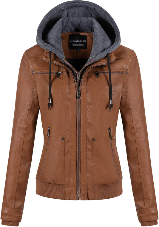 CREATMO US Faux Leather Jacket Women Womens Bomber Jackets Fashion Zip Up Lightweight Moto Biker Coat With Hood Brown 4XL