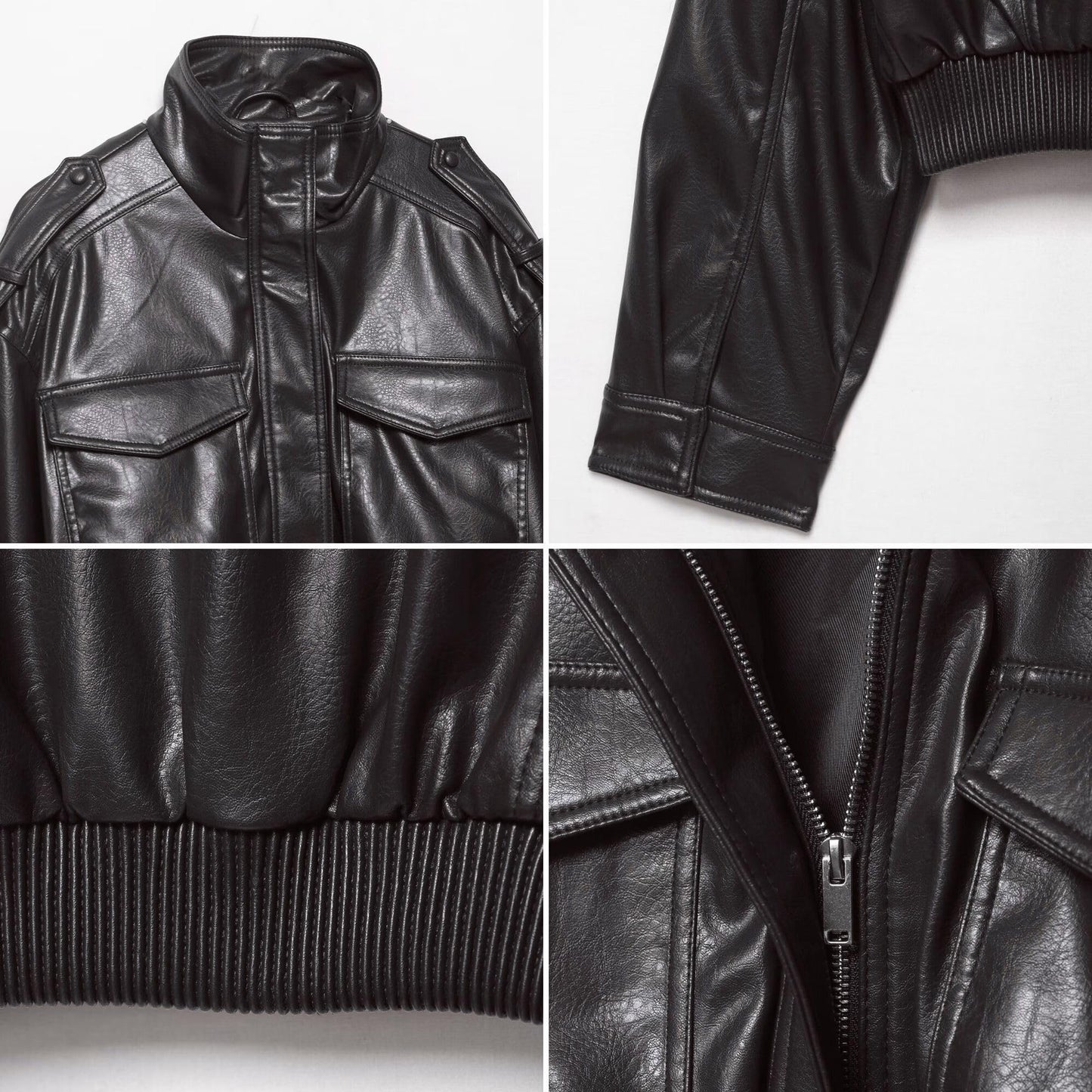 FindThy Women’s Cropped Faux Leather Jacket Vintage Stand Collar Long Sleeve Zip Up Fall Fashion Motorcycle Bomber Coats(4212-Black-S-LB)