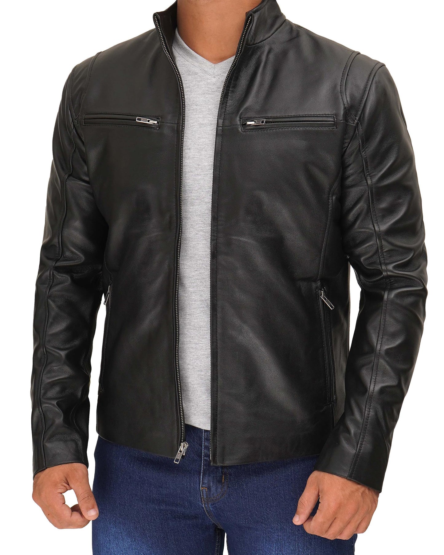 Decrum Black Leather Jacket Men - Mens Motorcycle Jacket | [1100444] Clinton, L