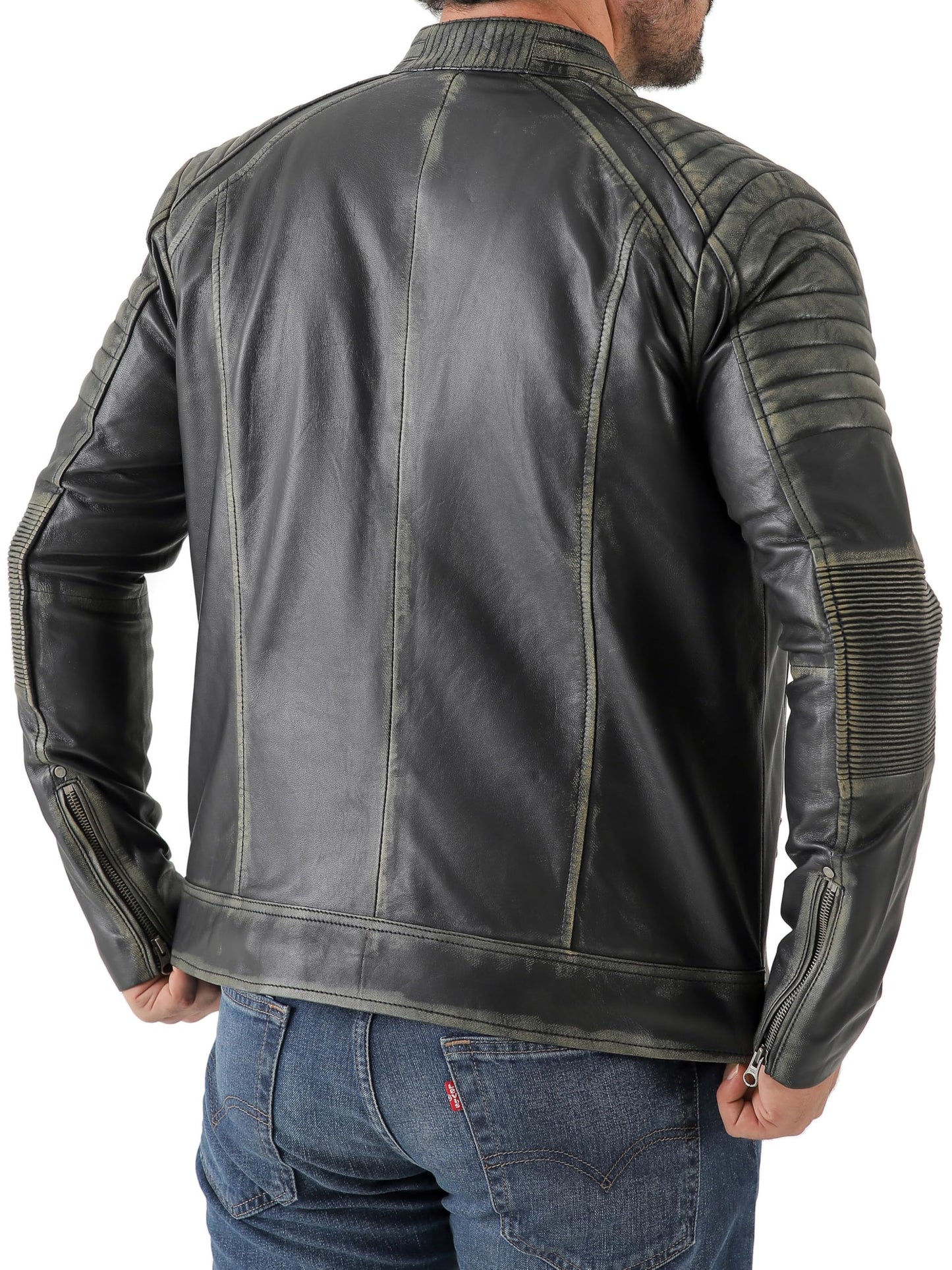 Jild Vintage Cafe Racer Leather Jacket Men - Hand Waxed Real Lambskin Leather Motorcycle Jacket (CRM-Blk.Rub-M)