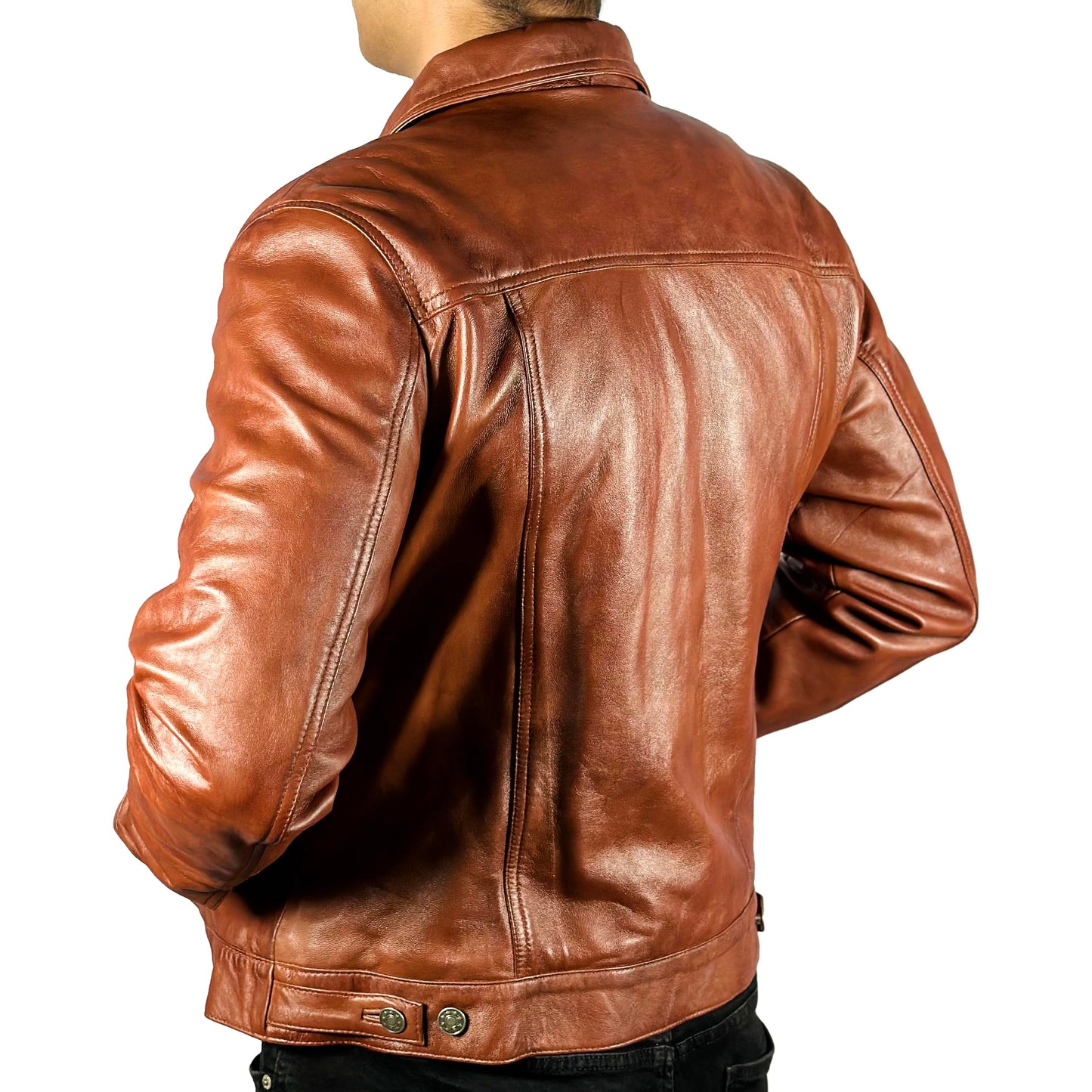 Men’s Vintage Lambskin Leather Trucker Classic Shirt Collar Style Motorcycle Cowboy Jacket