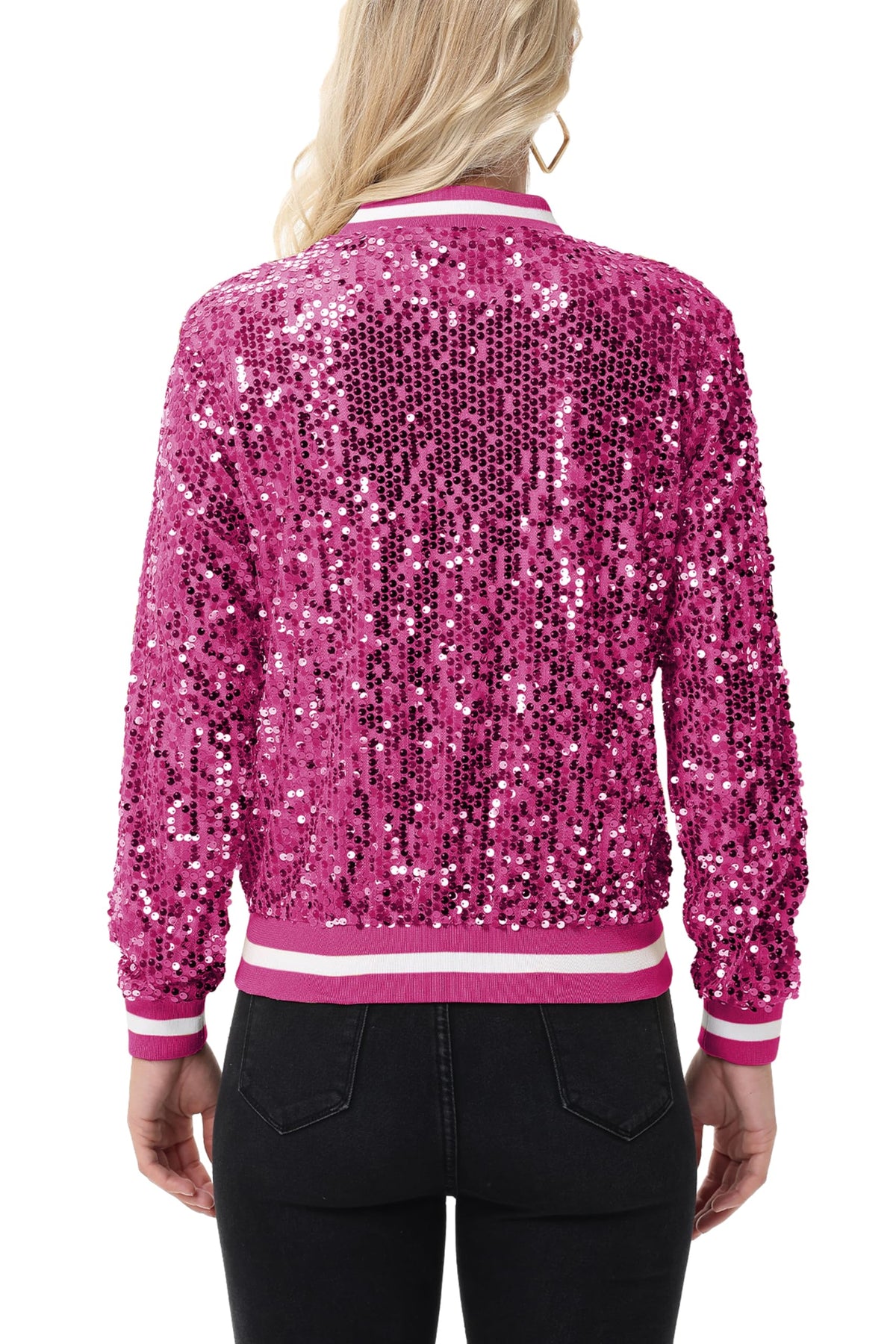 Anna-Kaci Women's Sparkly Sequin Bomber Jacket with Zipper, Hot Pink, L