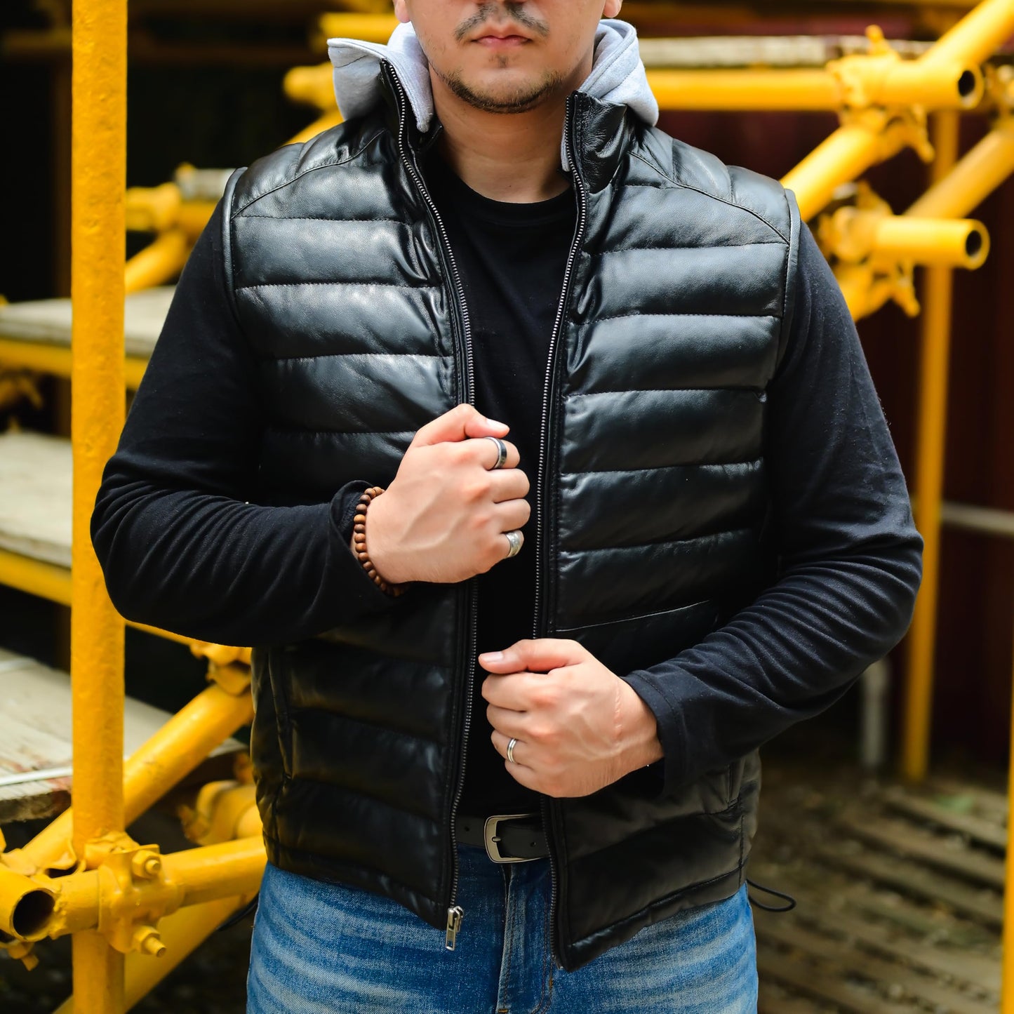 Jild Lambskin Leather Puffer Vest with Removable Hood - Stand Collar Casual Style Sleeveless Leather Jacket Men (Puffer-Blk-L)
