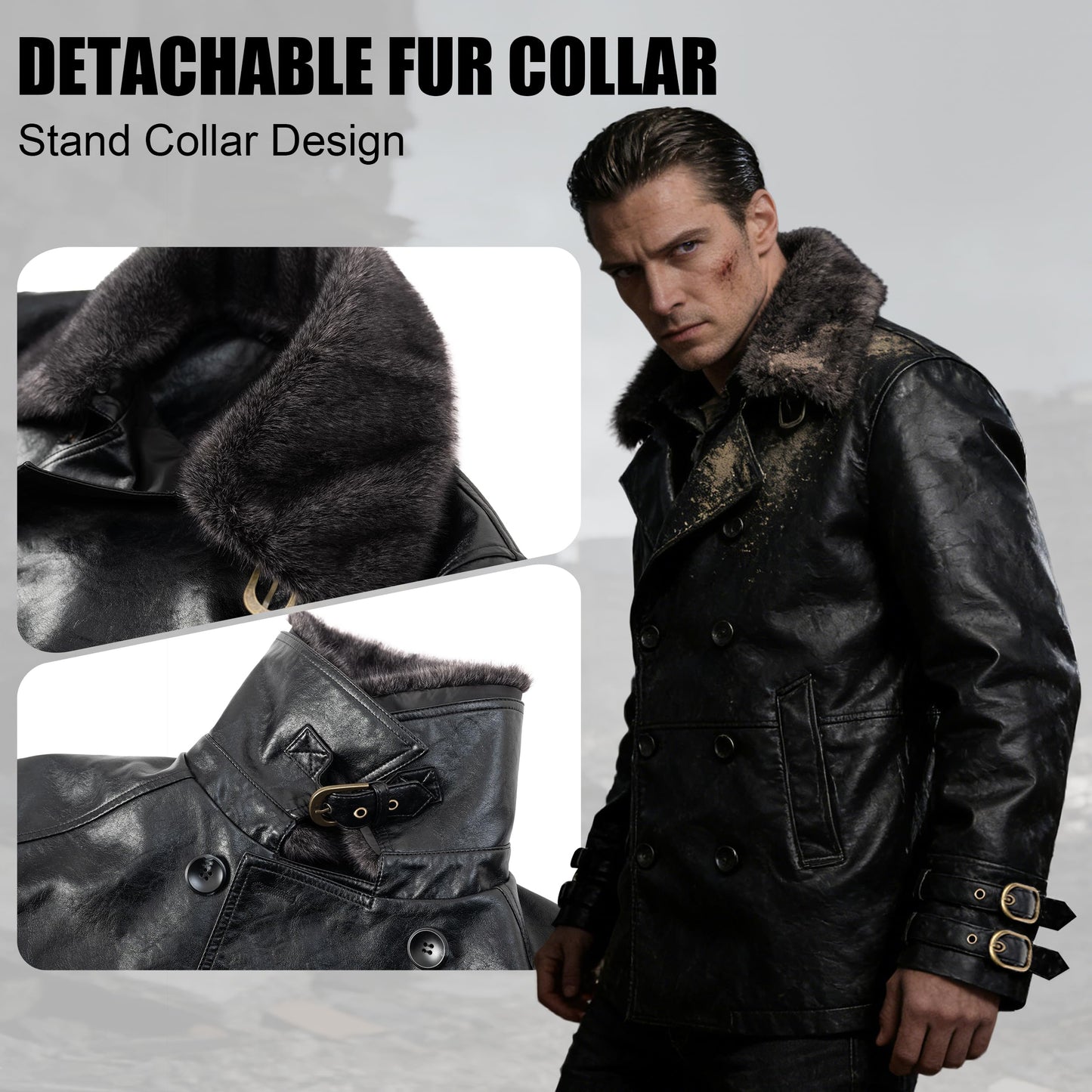 Mifidy Leons Leather Jacket, Mens Biker Style Fur Collar Black Vintage Gaming Outerwear Trench Coat for Cold Weather Cosplay Casual Fashion, L