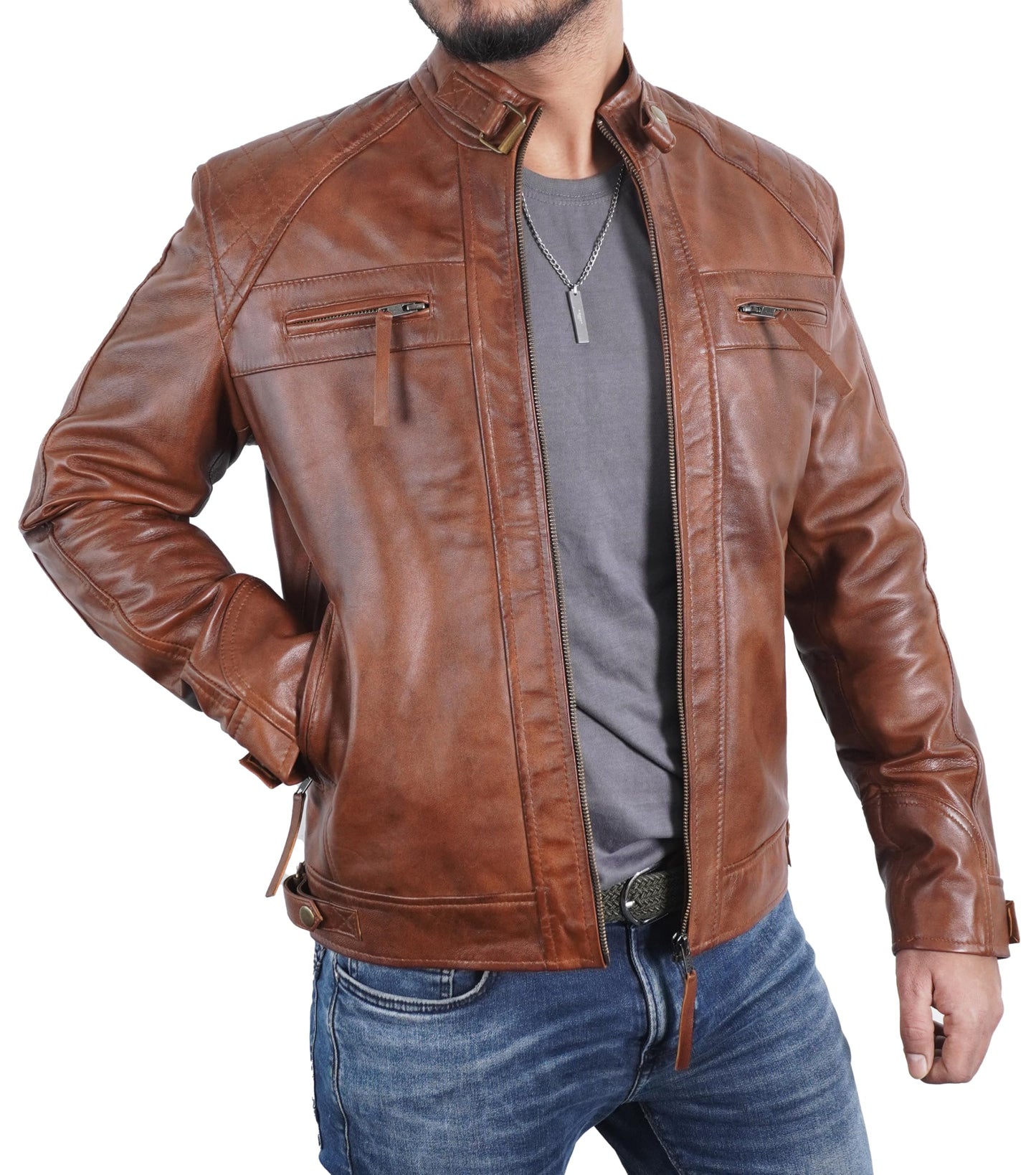 STOREJEES Leather Biker Jacket Men | Diamond Brown - S