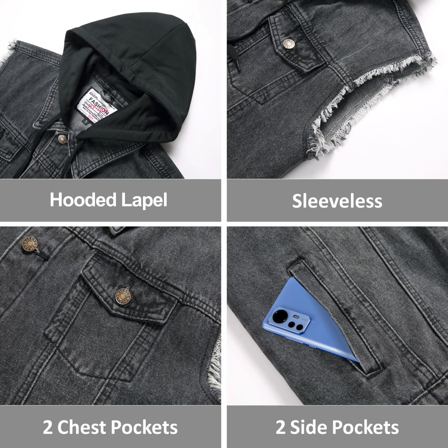 Ginsiom Men's Denim Vest,Sleeveless Jean Hooded Jacket Ripped Stretchy Sleeve Less Fashion Battle Vest for Men with Hood(9385Grey,M)